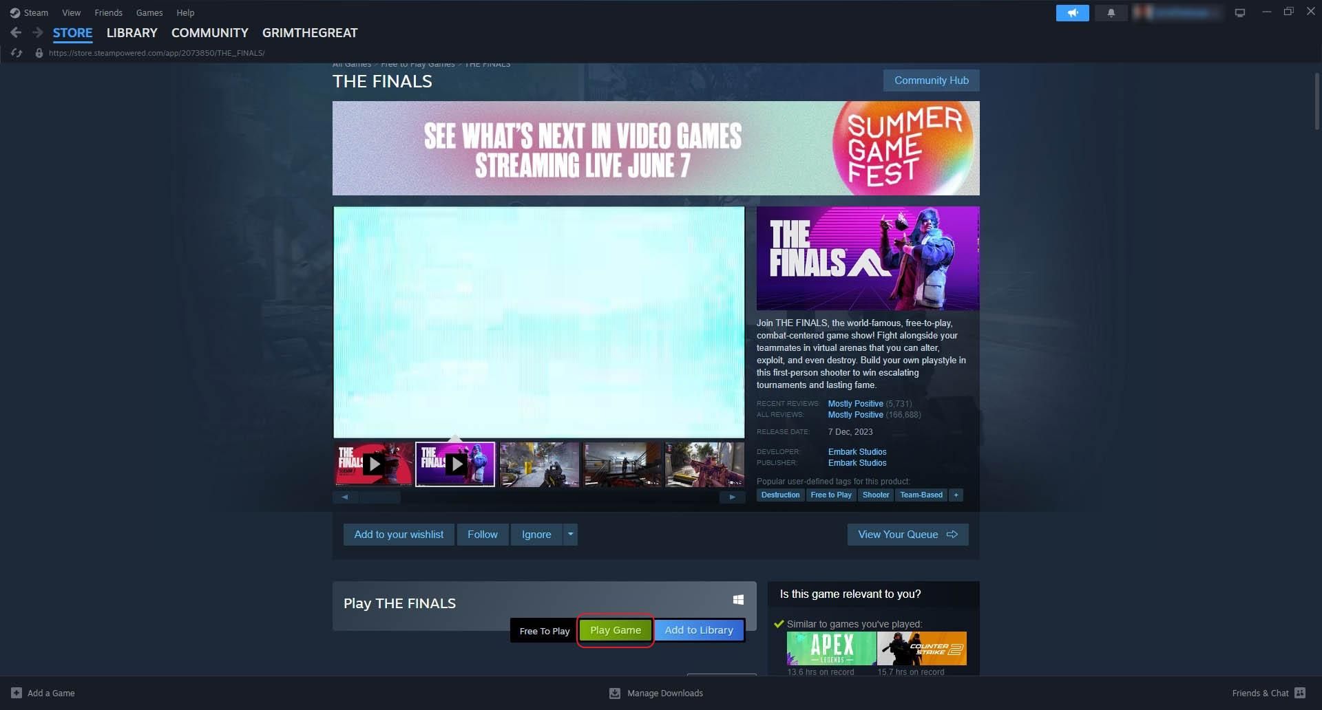 The main page of the Finals game in Steam and highlighting the Play Game option