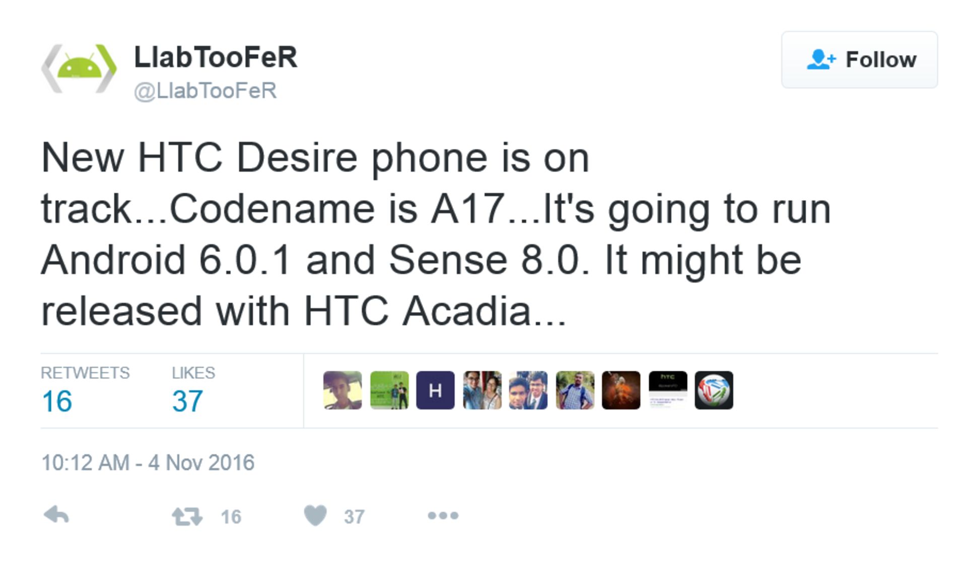 توییتی در ارتباط با گوشی desire a17