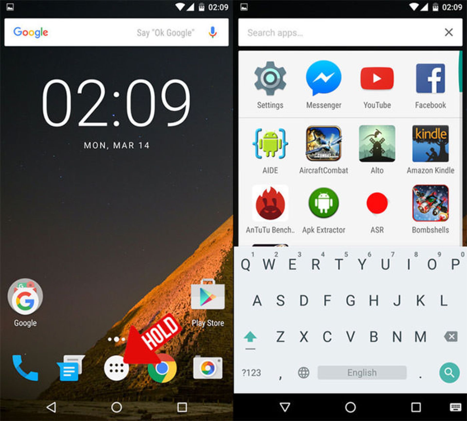Hold app drawer button to search for apps quickly