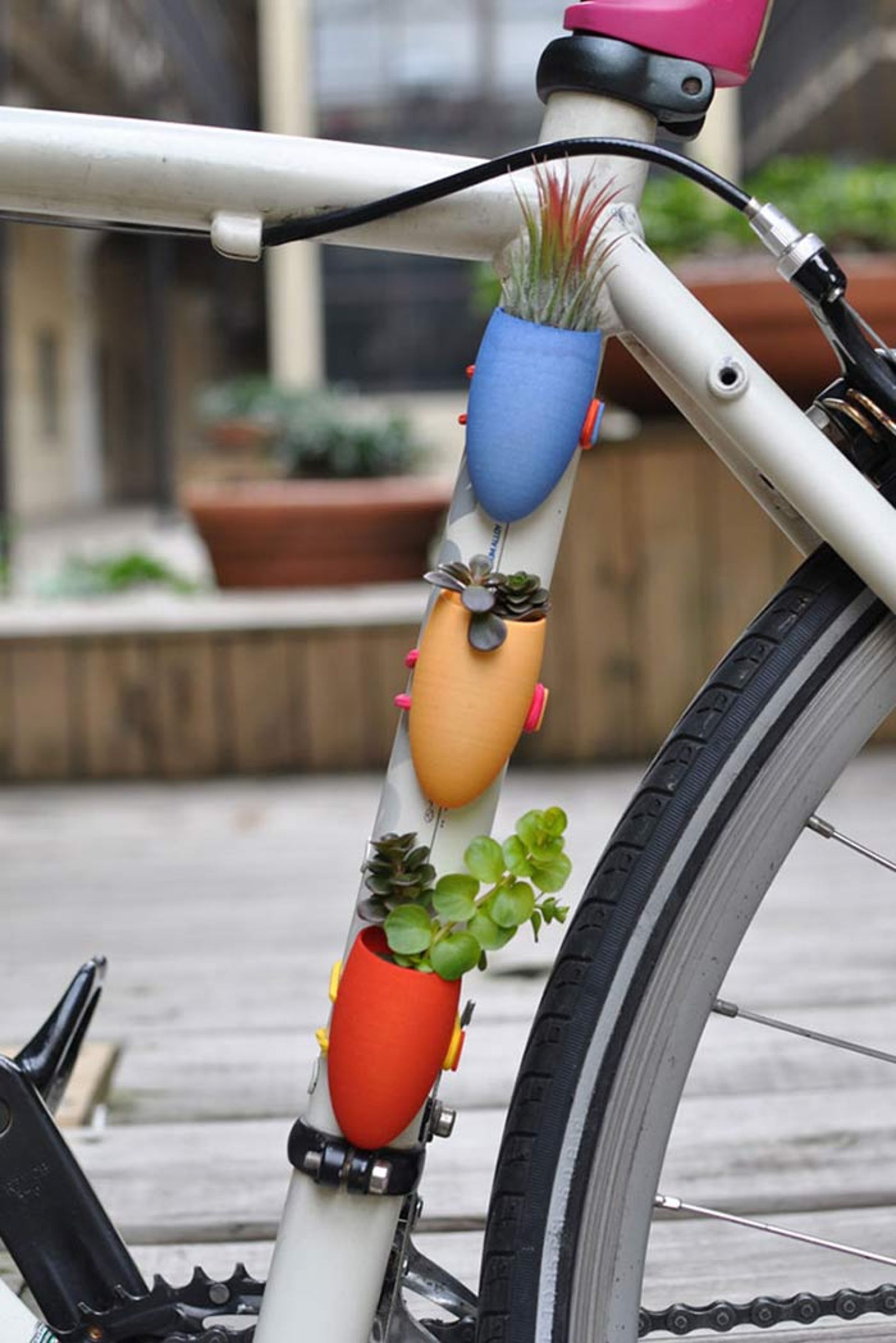تزئین دوچرخه با گلدان‌های کوچک