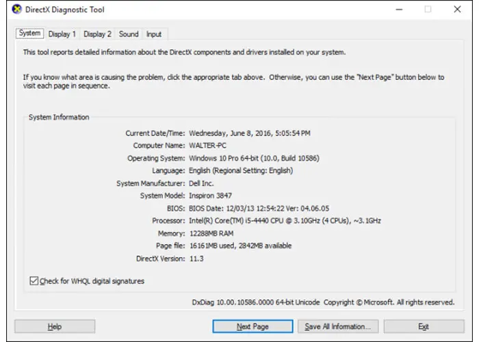 ابزار DirectX Diagnostic