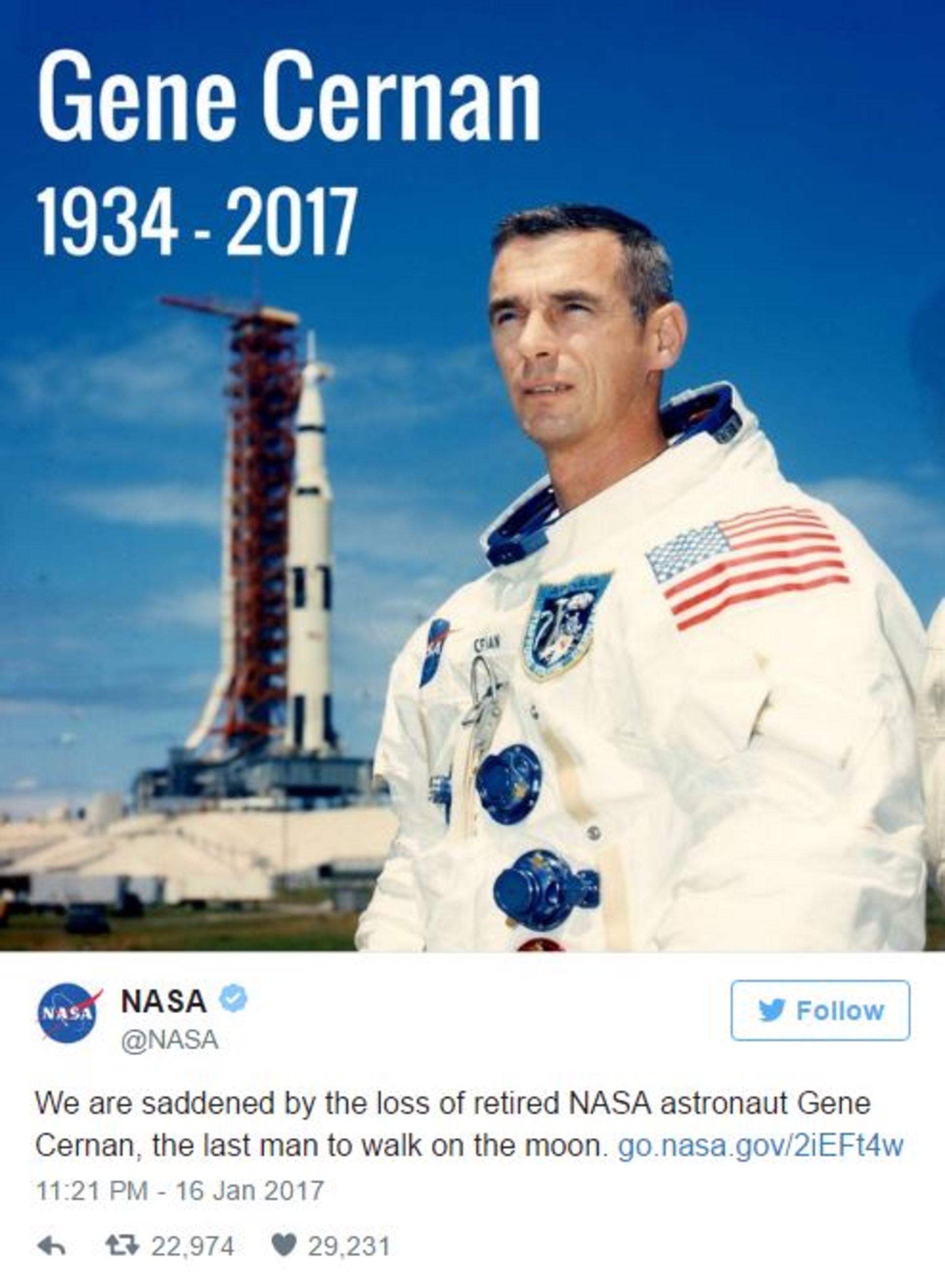 درگذشت جین سرنان، فضانورد ناسا