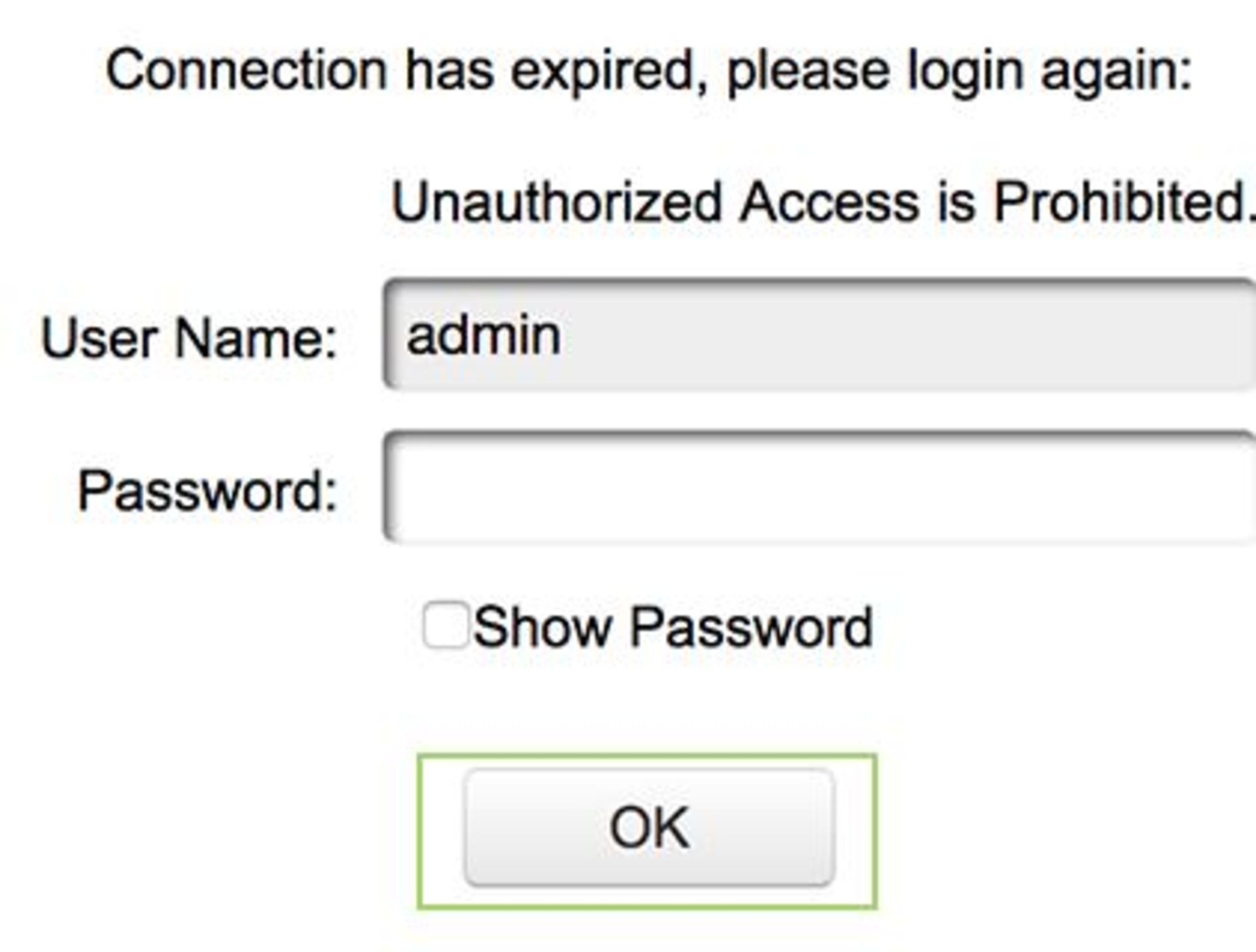 Log in and press the OK button