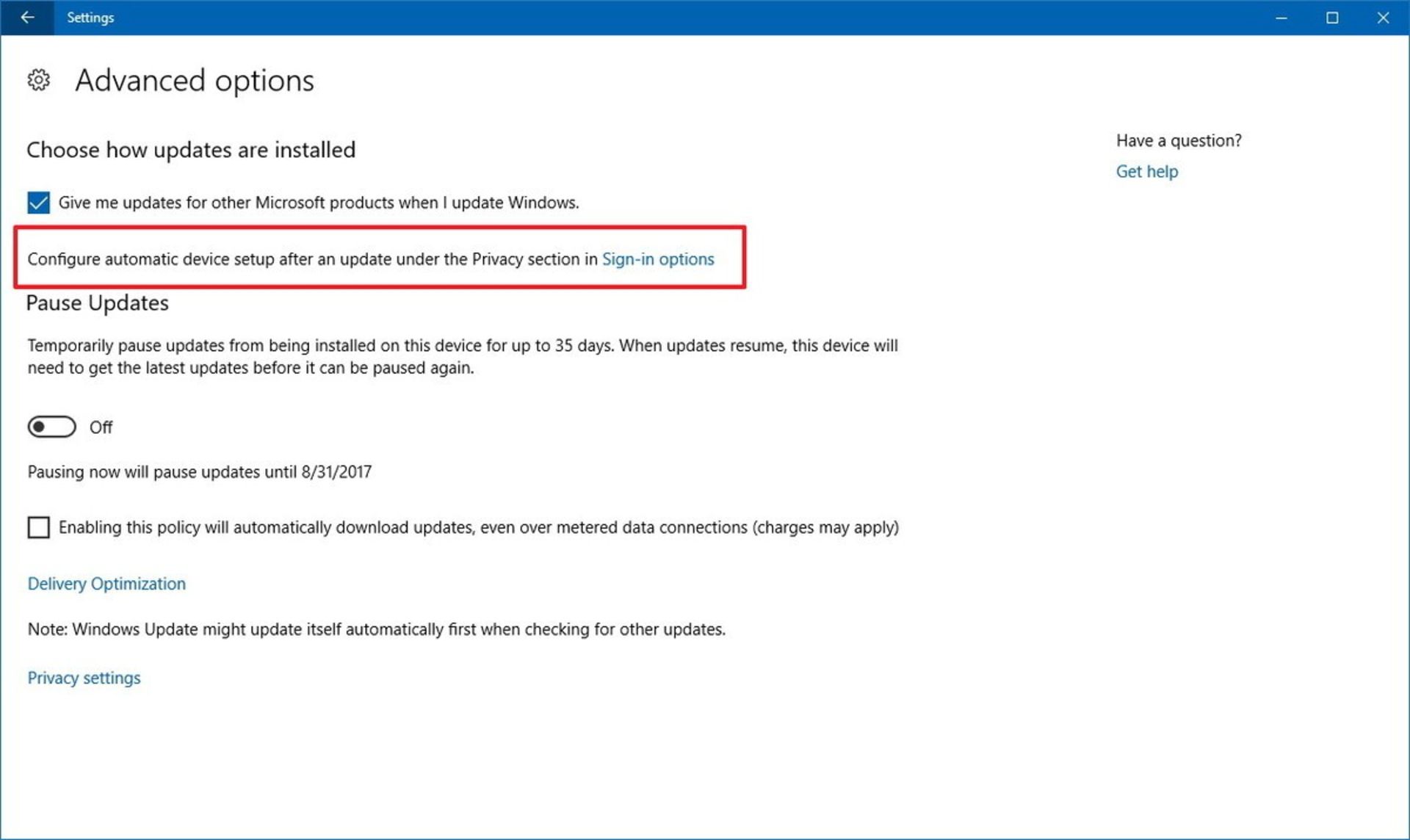 Window Update Advanced Options Windows-10