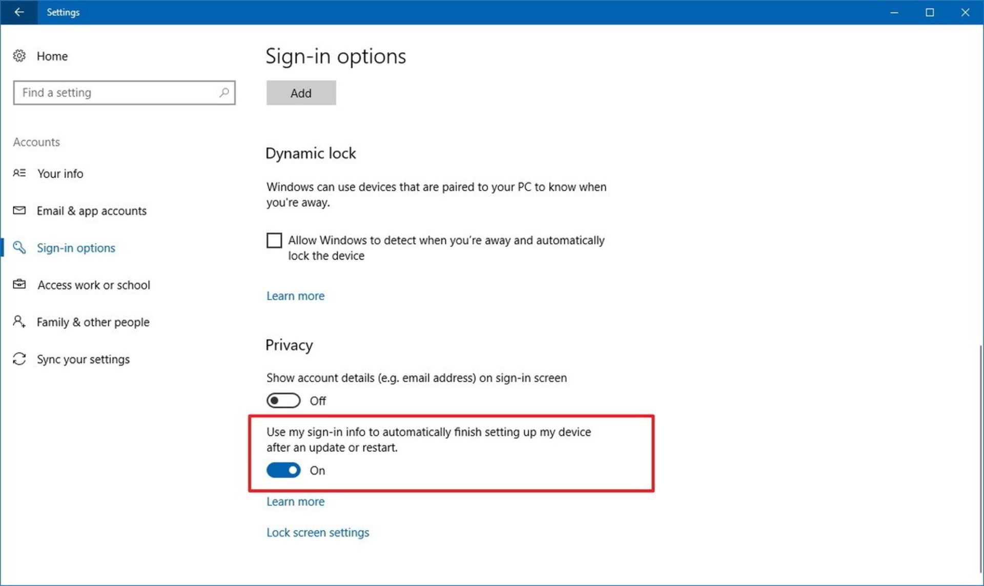 Signin Options Automatically Windows10