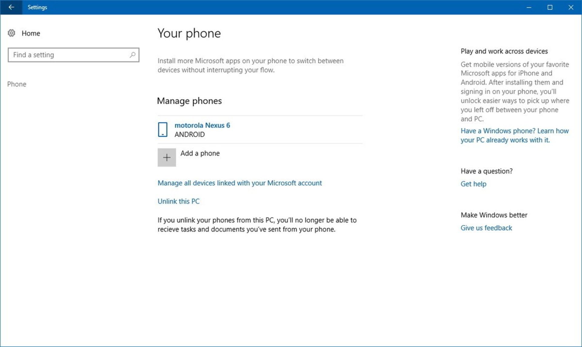 Manage Phone Windows 10 16251 5
