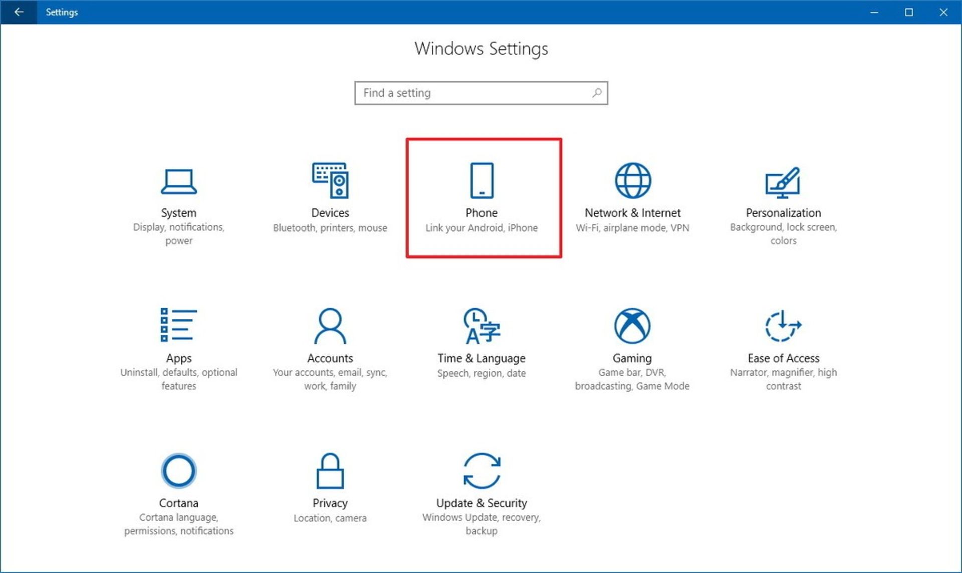 Phone Settings Windows 10