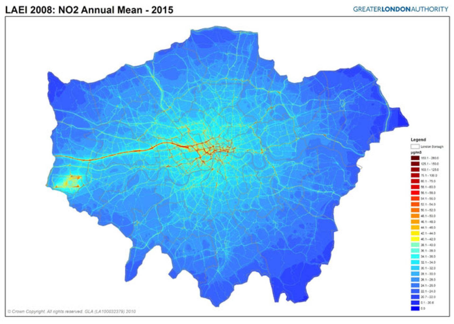 نقشه تجمع نیتروژن دی اکسید لندن ۲۰۱۵