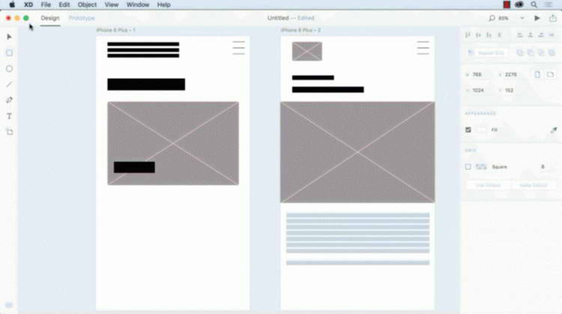 wireframes for a mobile app in Adobe XD