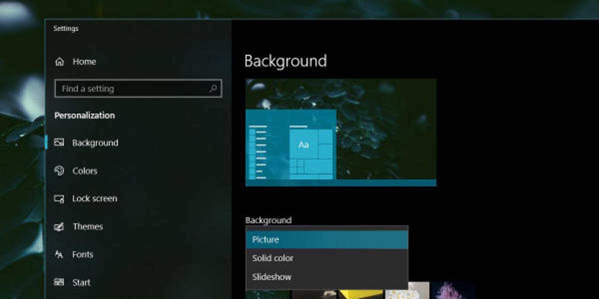 background setting on windows 10