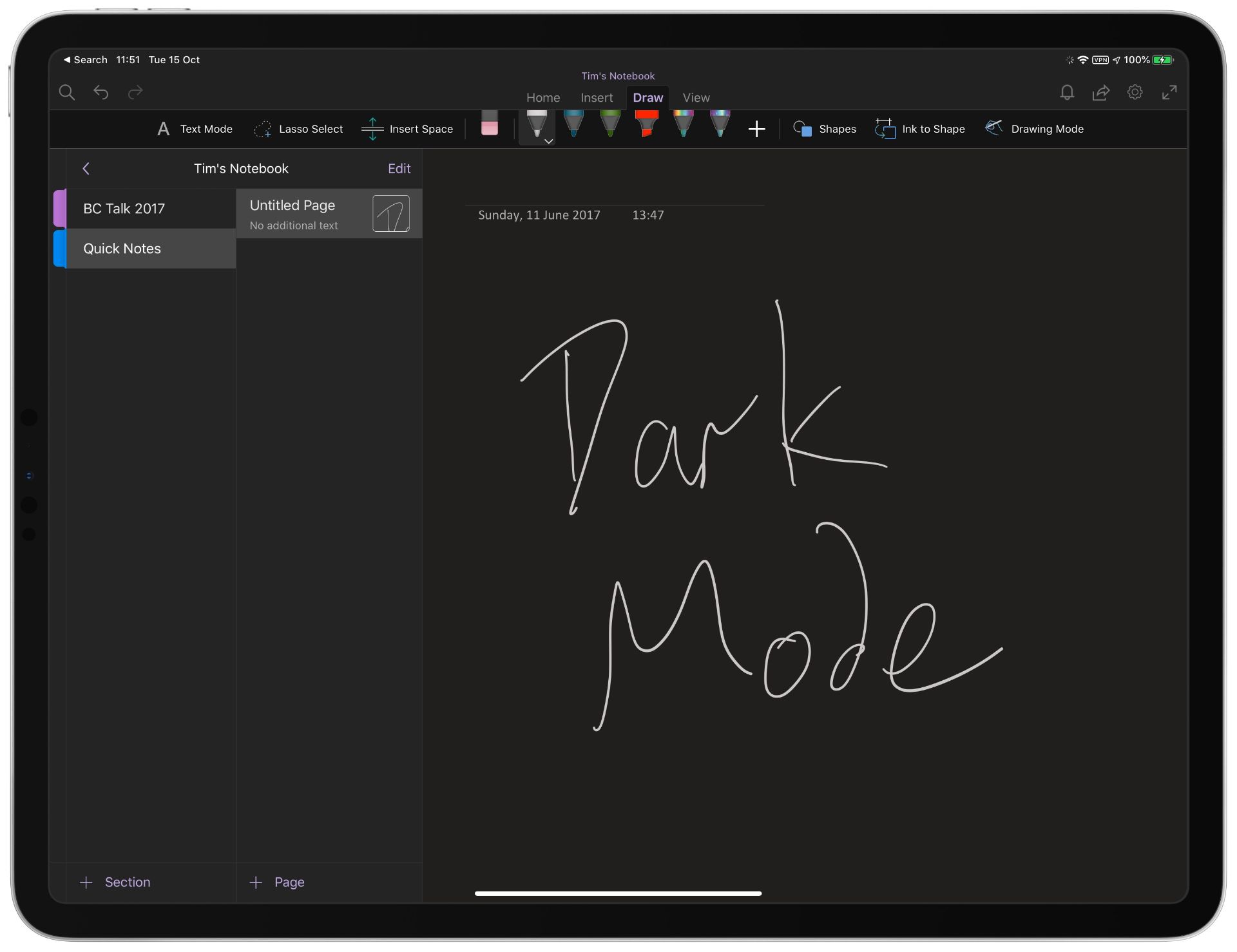 one note dark mode