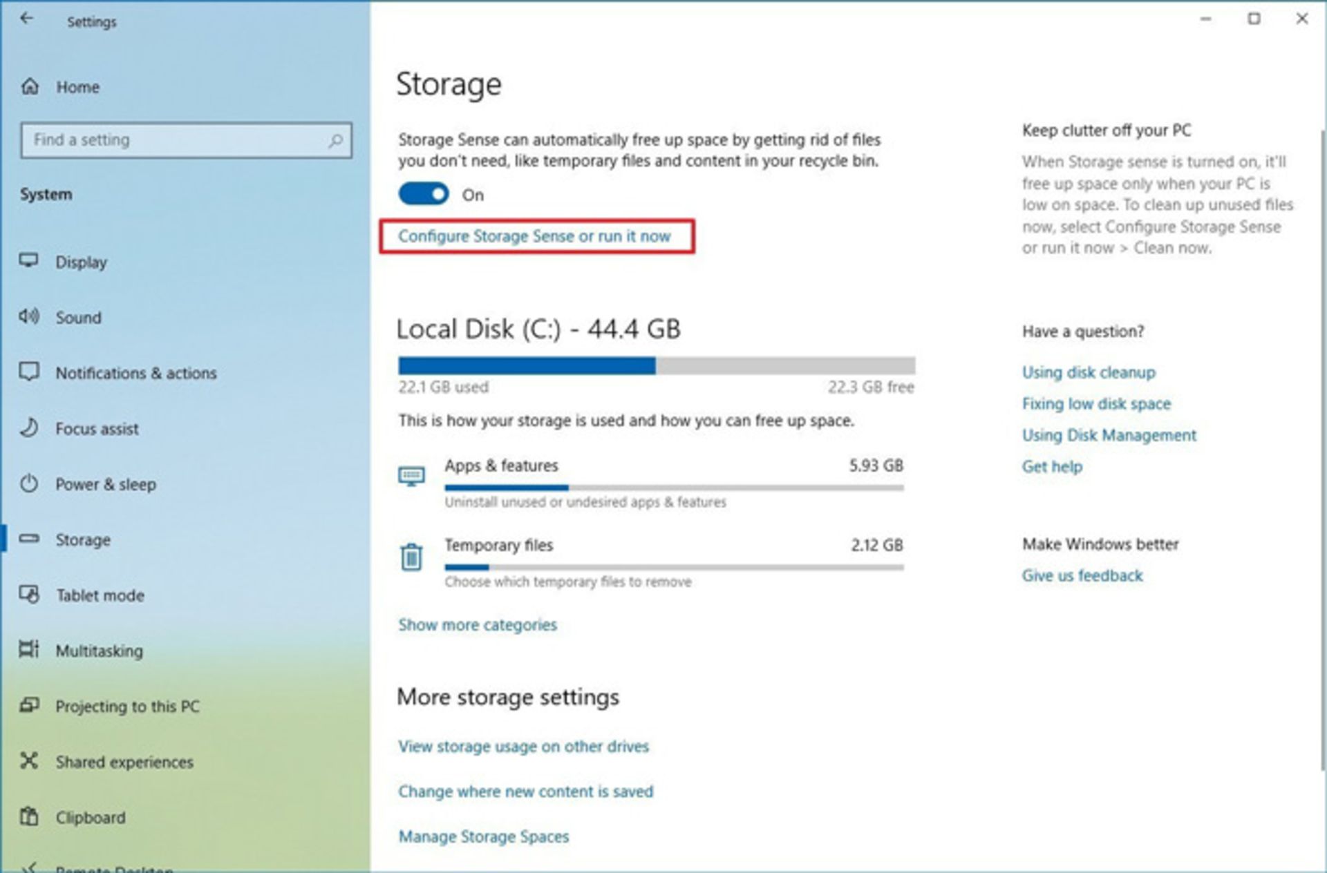 فعال‌کردن Storage sense 