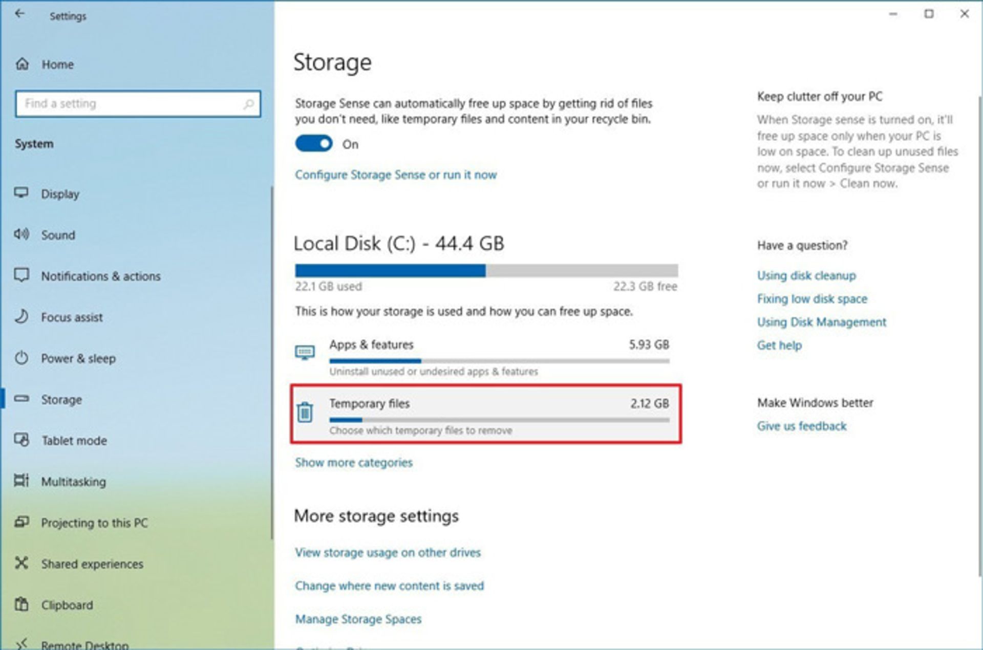 حذف فایل‌های موقتی (Temporary files) با Storage sense