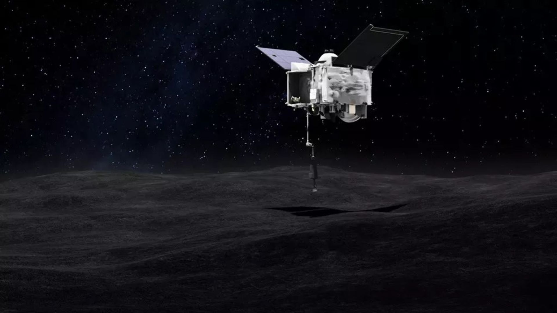 تصویر هنری از فضاپیمای اسیریس رکس درحال برداشت نمونه از سیارک بنو