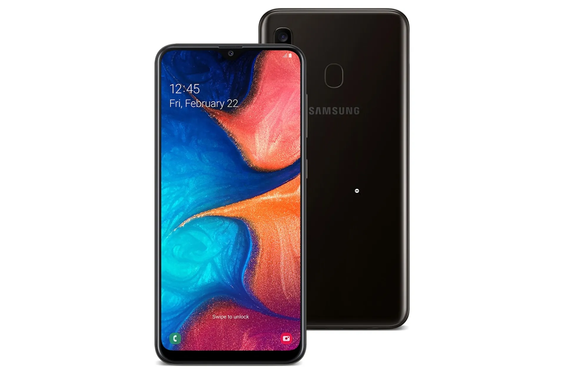 گوشی گلکسی A20 سامسونگ مشکی - نمای جلو و پشت / Samsung Galaxy A20