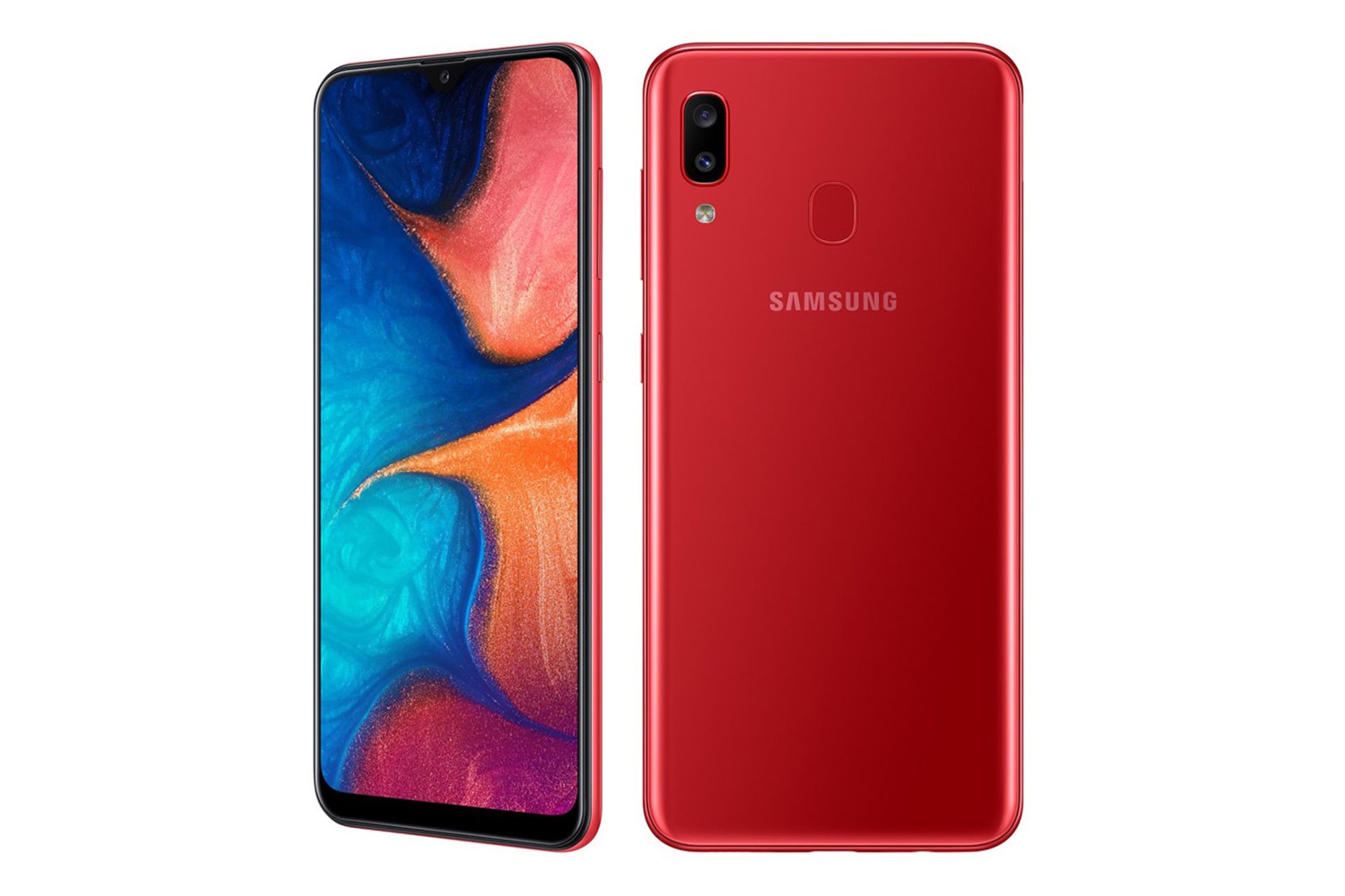 گوشی گلکسی A20 سامسونگ قرمز - نمای جلو و پشت / Samsung Galaxy A20