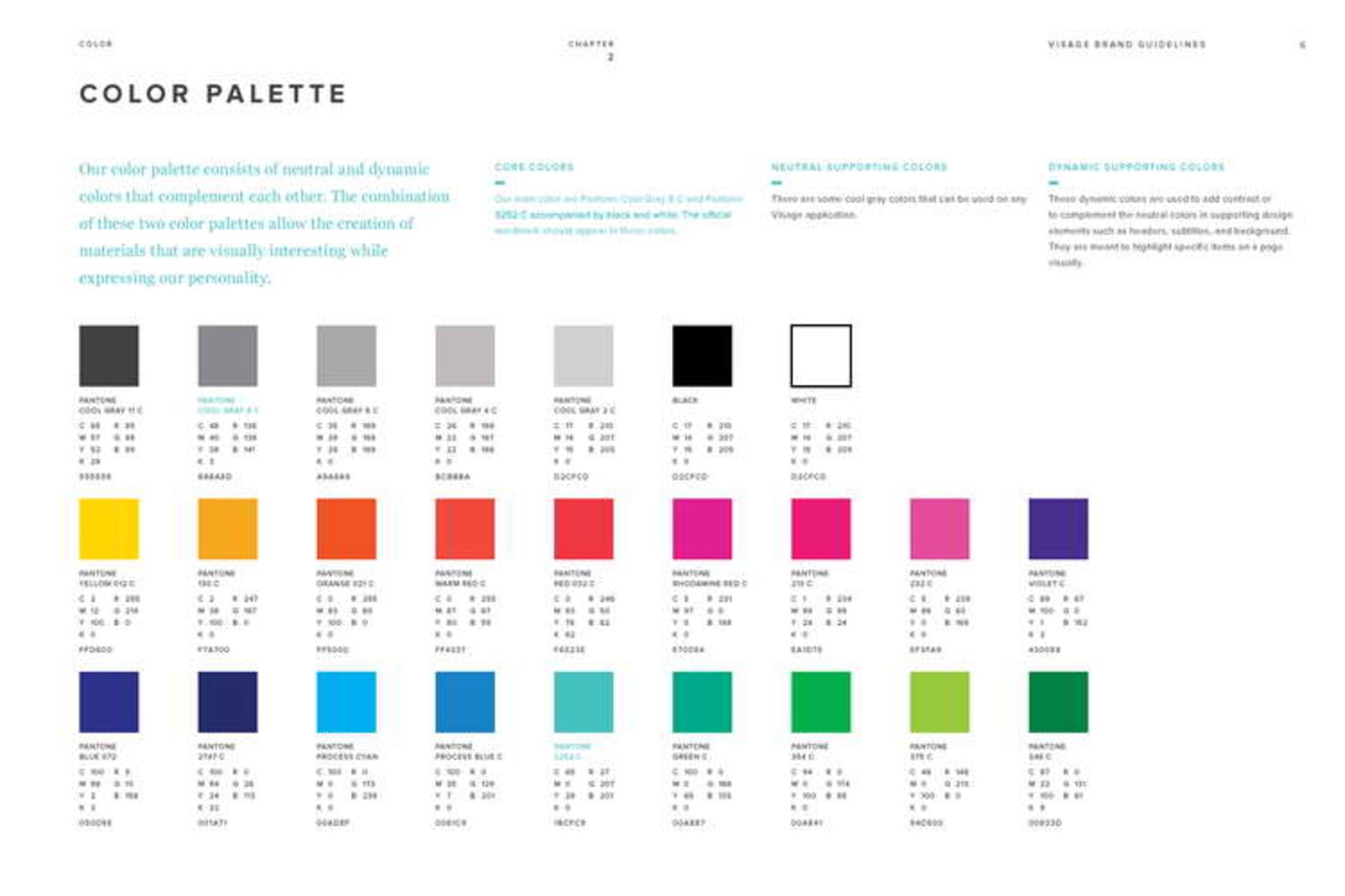 Color palettes from the Visage brand identity