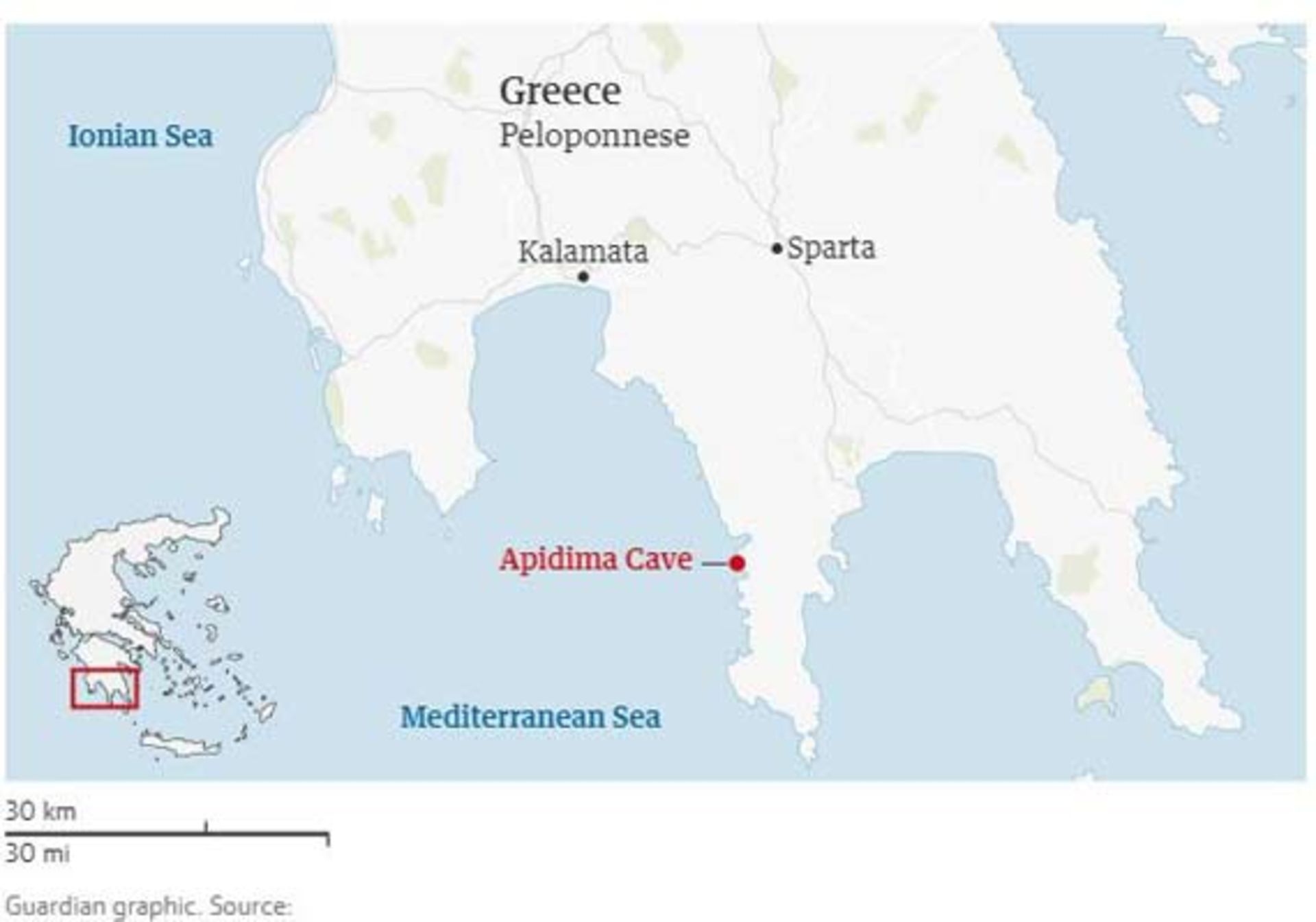 محل کشف فسیل‌های دو جمجمه در غار آپیدیما در سواحل جنوب غربی پلوپونز در یونان 