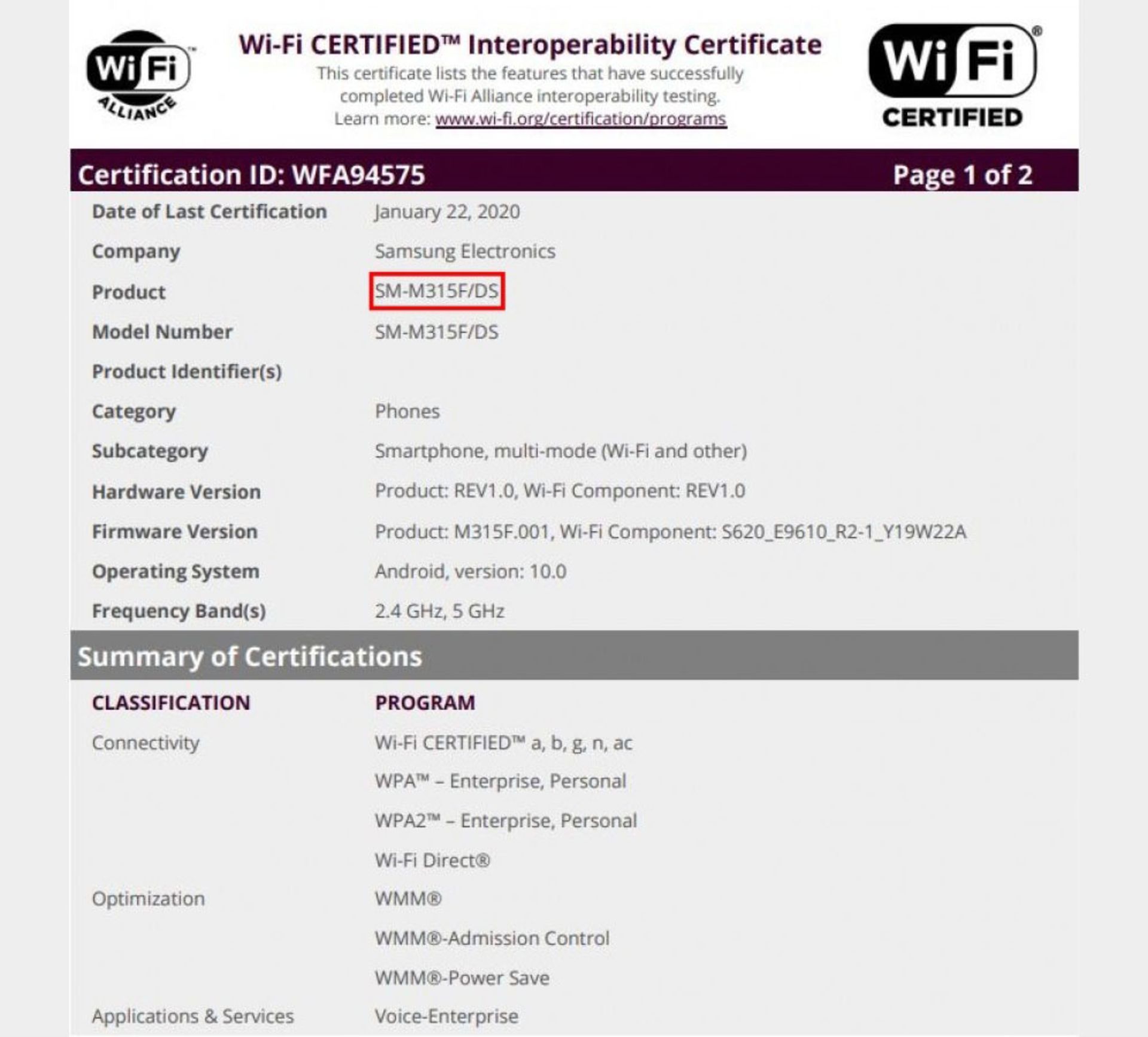 گواهینامه وای فای گلکسی m31