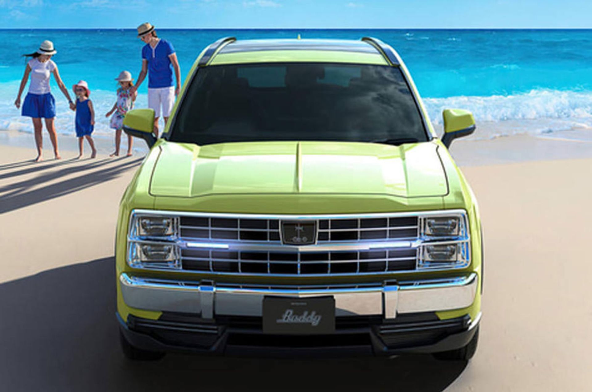 نمای سه چهارم خودرو شاسی بلند میتسوکا بادی / Mitsuoka Buddy بر اساس تویوتا راو4 / Toyota RAV4 دارای رنگ بدنه سبز