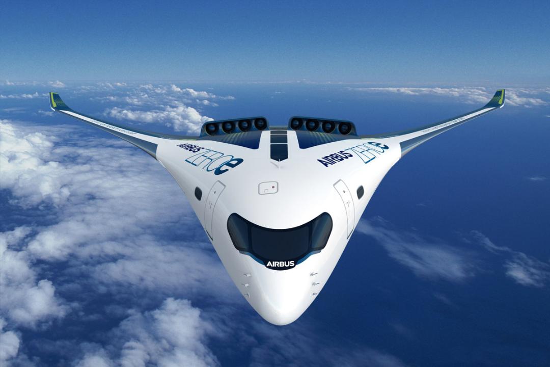 نمای جلو هواپیمای هیدروژنی ایرباس / Airbus با موتور توربوفن آسمان دریا
