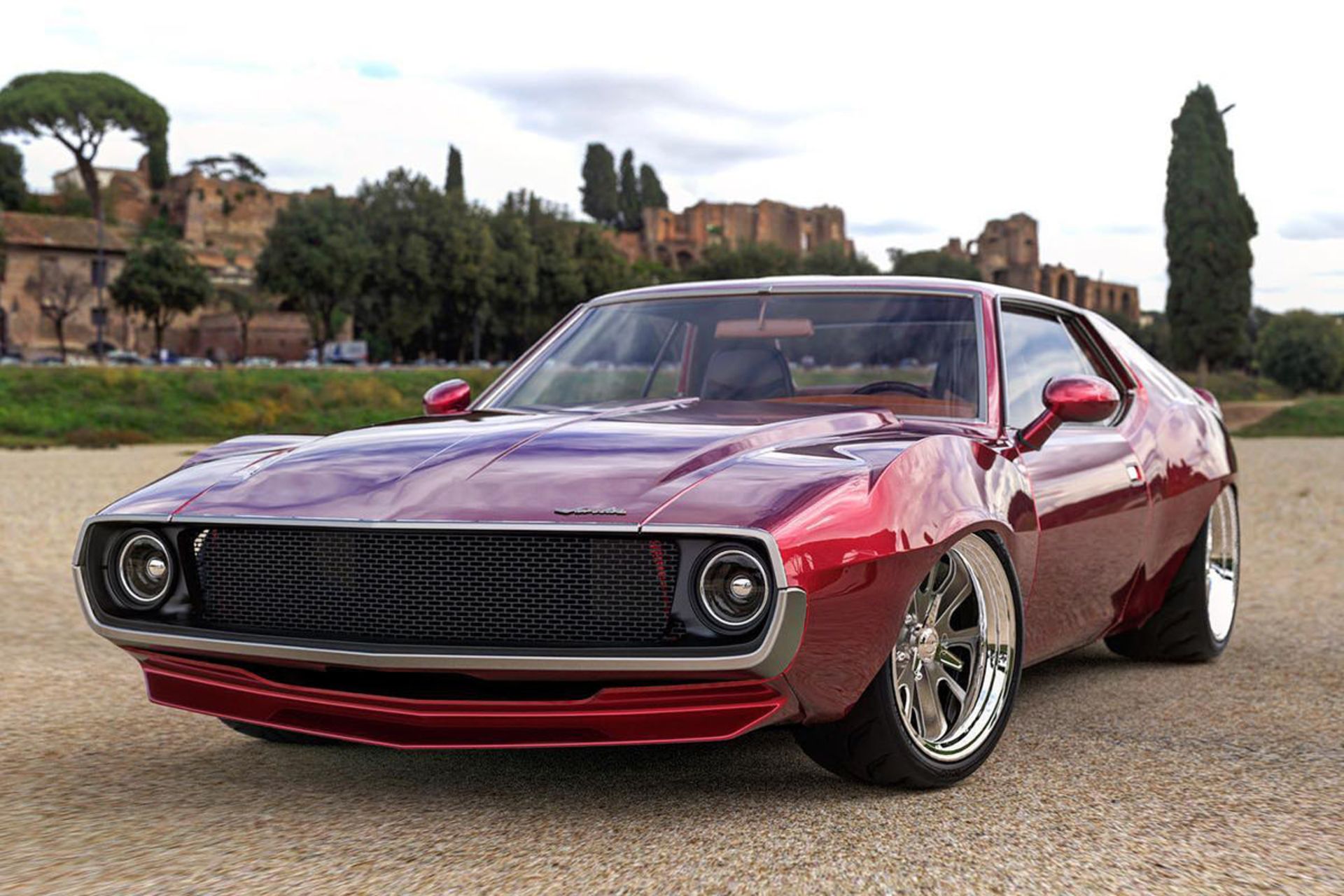 نمای جلو خودرو عضلانی جولین / AMC Javelin قرمز رنگ با پیشرانه دوج چلنجر هل کت