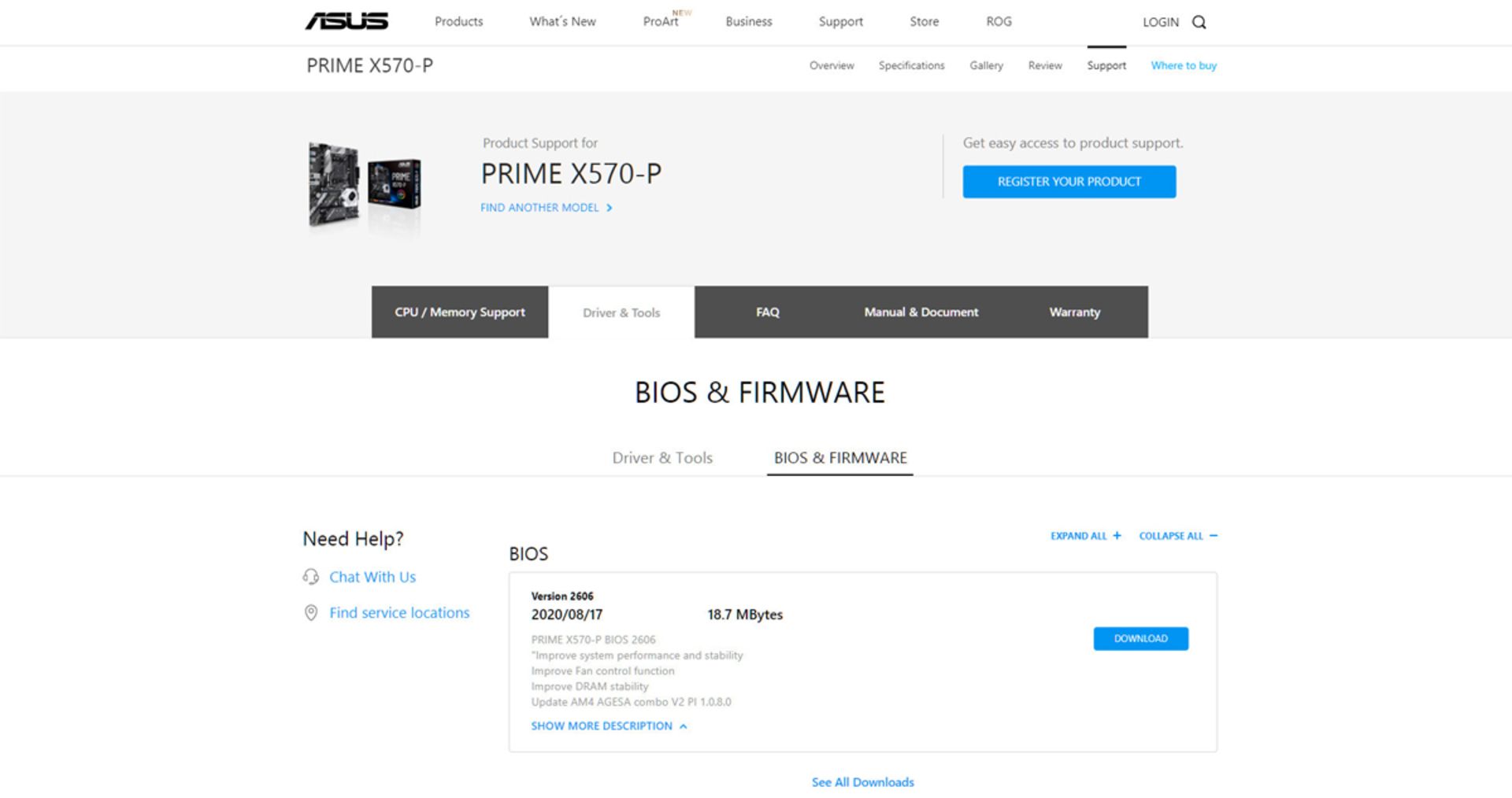 صفحه آپدیت بایوس مادربرد ایسوس Asus Prime X570P در سایت ایسوس