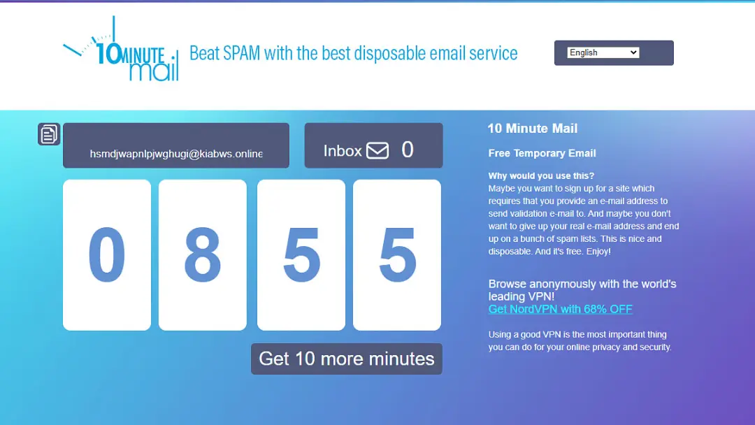 اسکرین شات وب سایت 10 Minute Mail