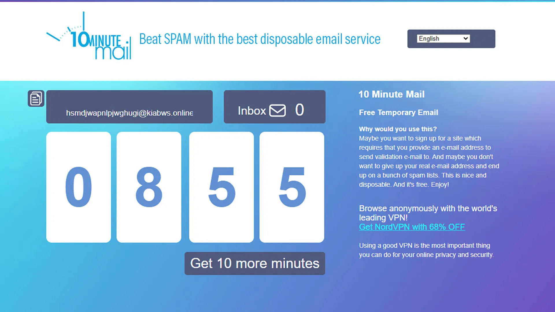 اسکرین شات وب سایت 10 Minute Mail