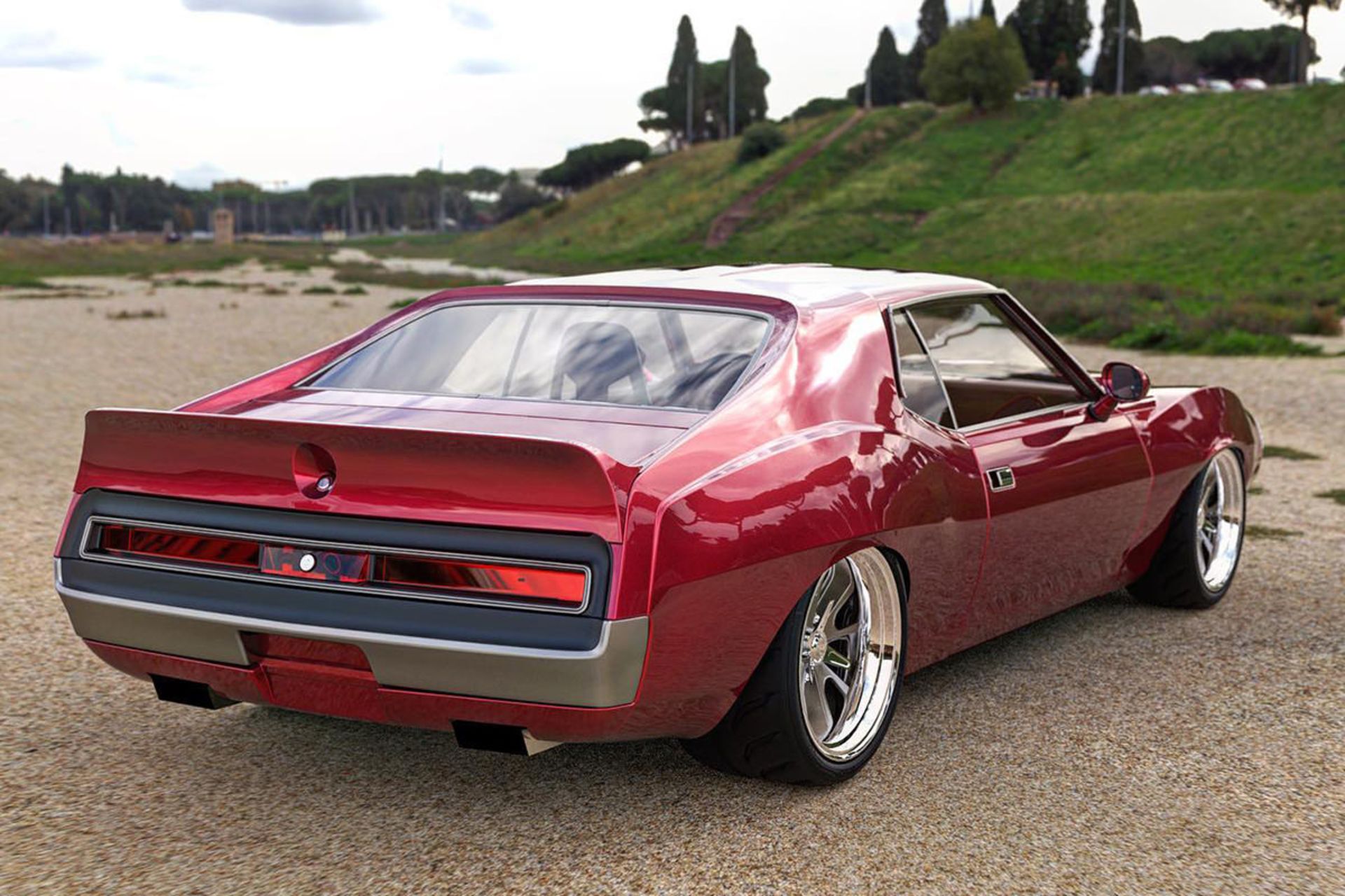 نمای عقب خودرو عضلانی جولین / AMC Javelin قرمز رنگ با پیشرانه دوج چلنجر هل کت