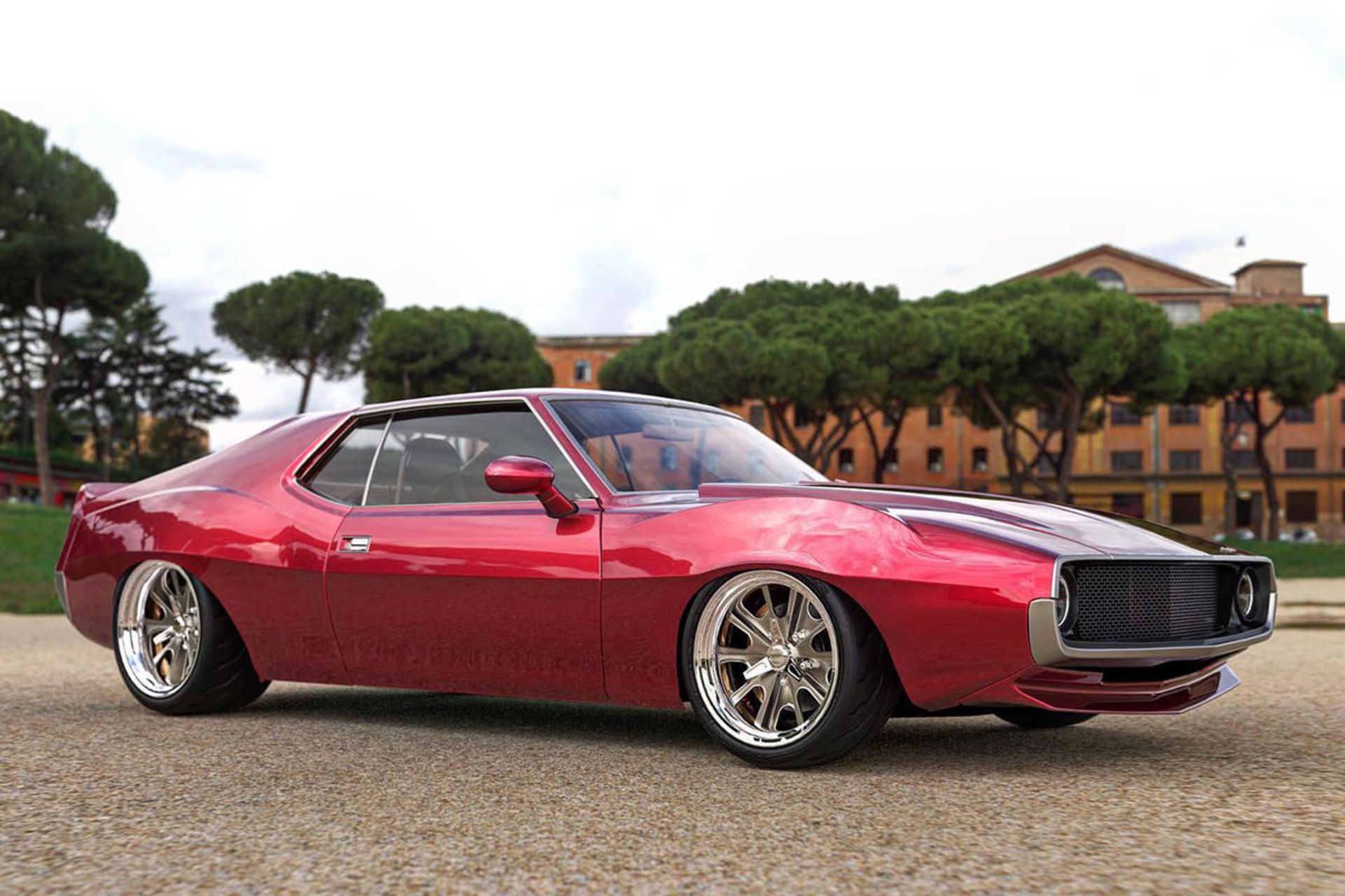 نمای جانبی خودرو عضلانی جولین / AMC Javelin قرمز رنگ با پیشرانه دوج چلنجر هل کت