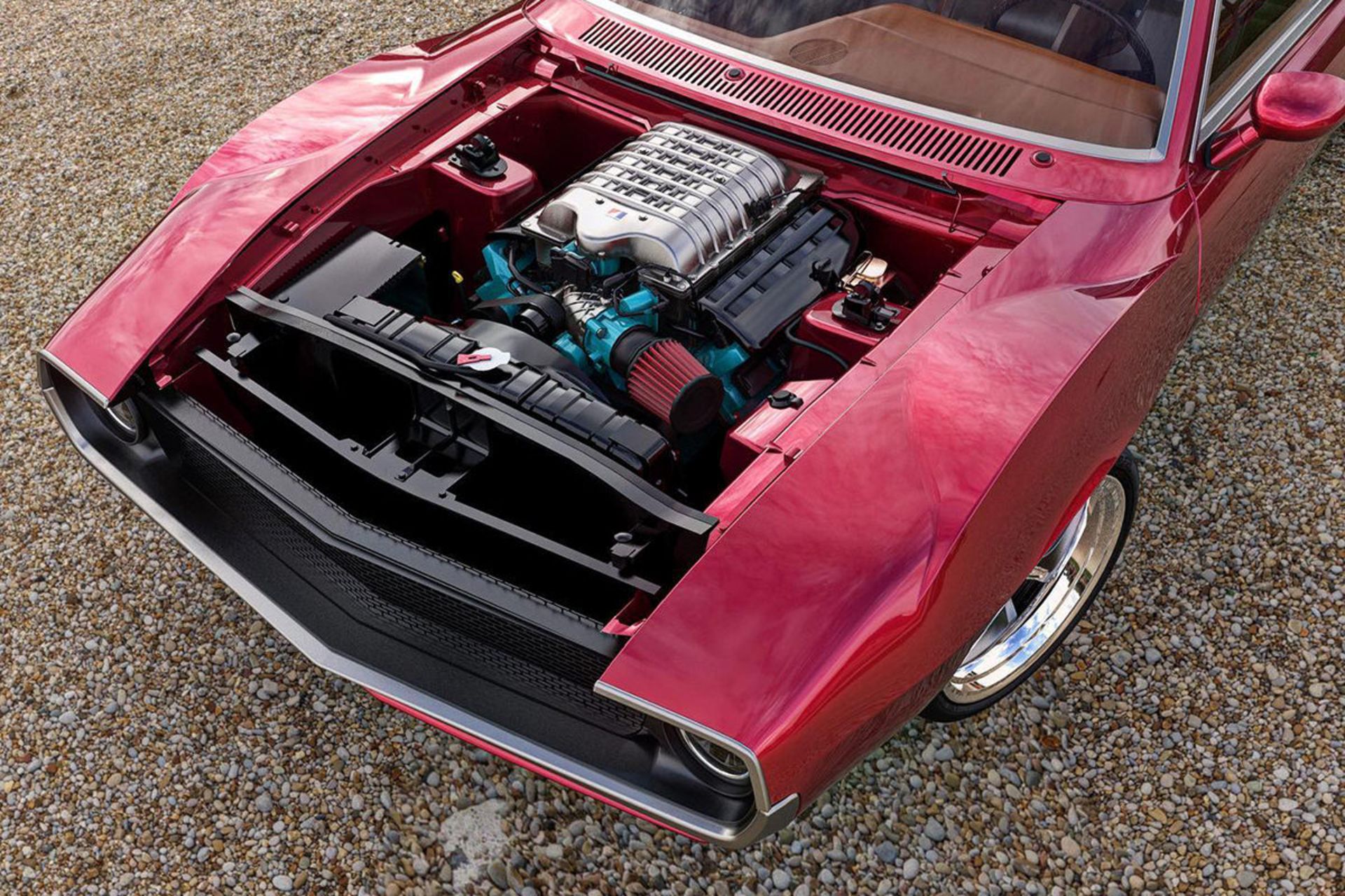 پیشرانه خودرو عضلانی جولین / AMC Javelin قرمز رنگ با پیشرانه دوج چلنجر هل کت