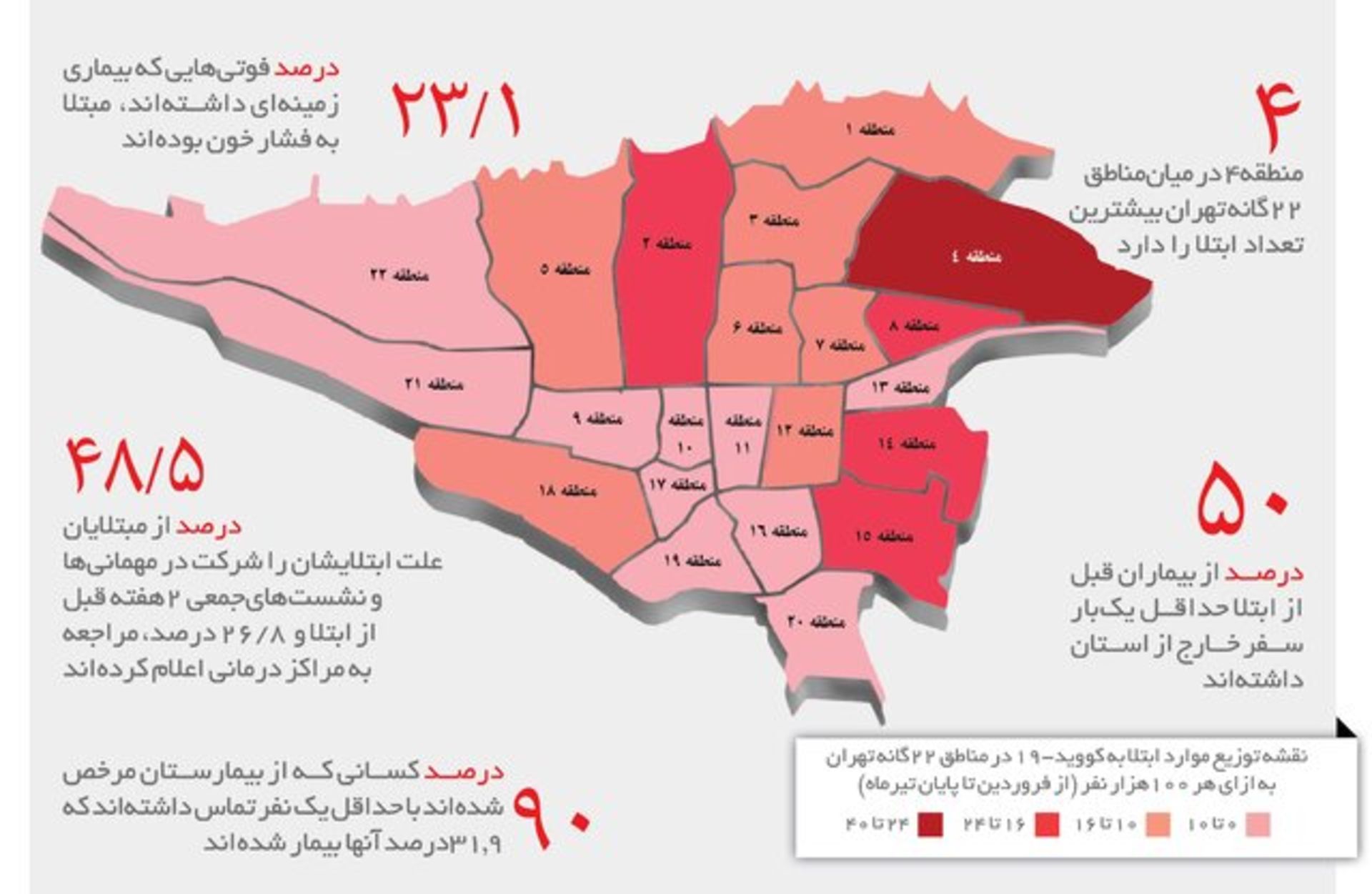 مرجع متخصصين ايران نقشه پراكندگي شيوع كرونا در شهر تهران / مناطق درگير كرونا در تهران