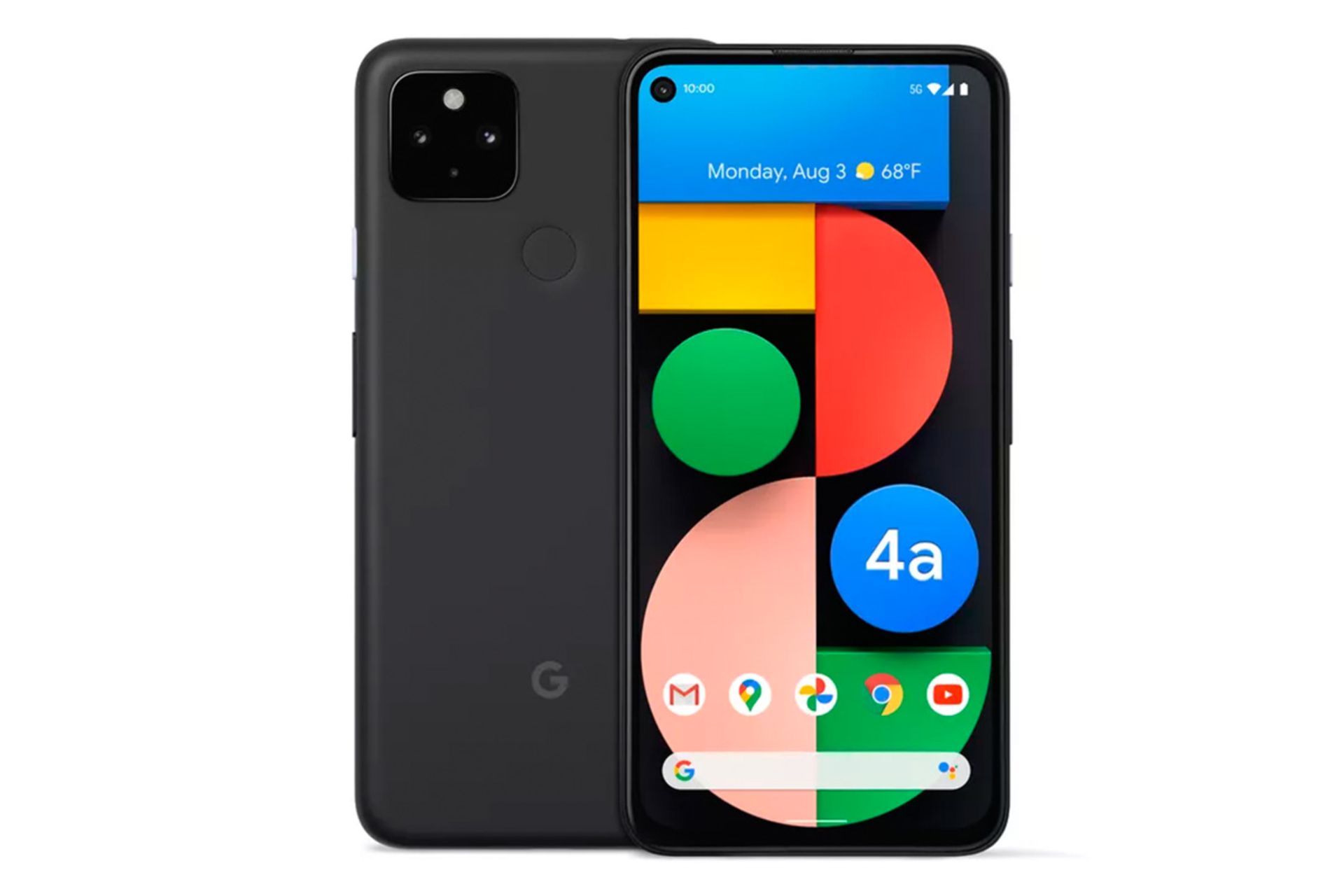 گوشی گوگل پیکسل 4 ای 5G از نمای پشت و جلو با صفحه روشن