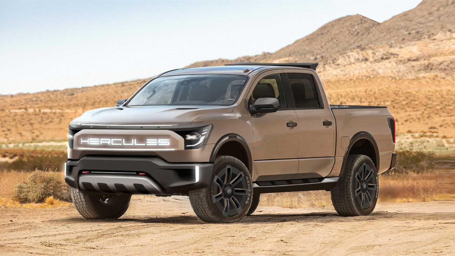 نمای جلو وانت برقی / Electric Pickup Truck هرکول آلفا / Hercules Alpha با منظره آسمان