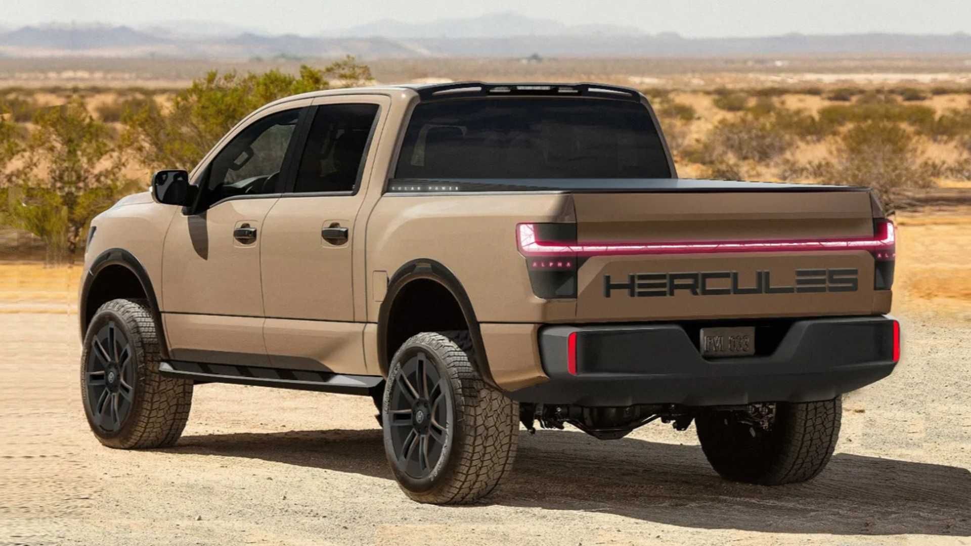 نمای سه چهارم عقب وانت الکتریکی / Electric Pickup Truck هرکول آلفا / Hercules Alpha با منظره آسمان و کوه