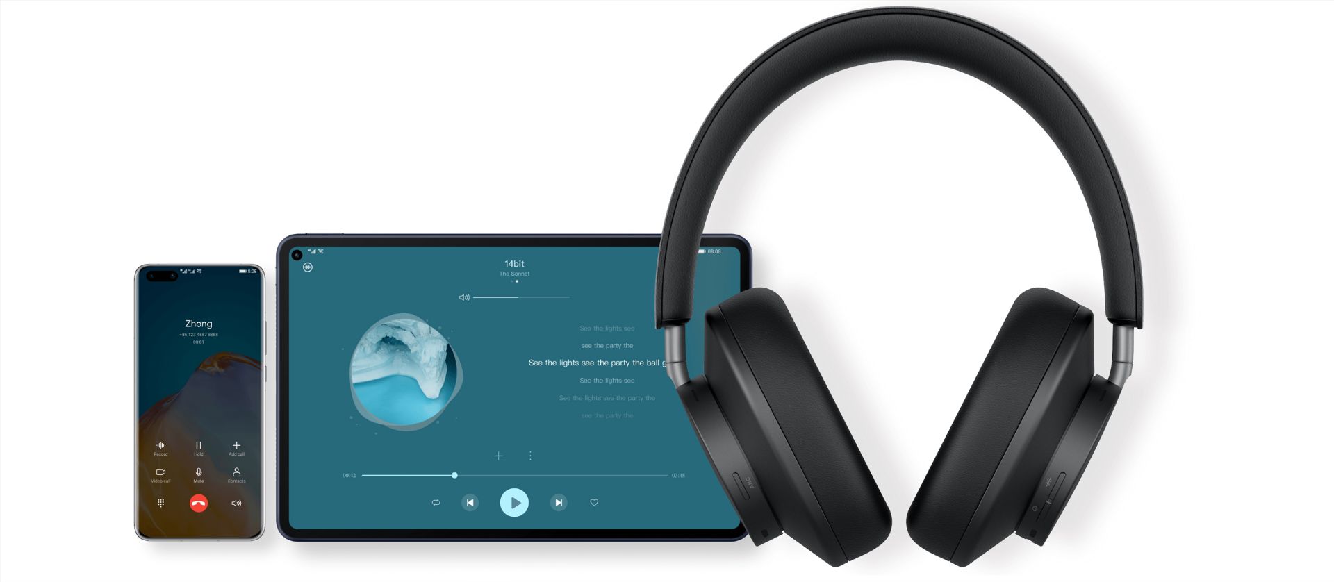 هواوی فری بادز استودیو / FreeBuds Studio در کنار تبلت و گوشی هوشمند مشکی