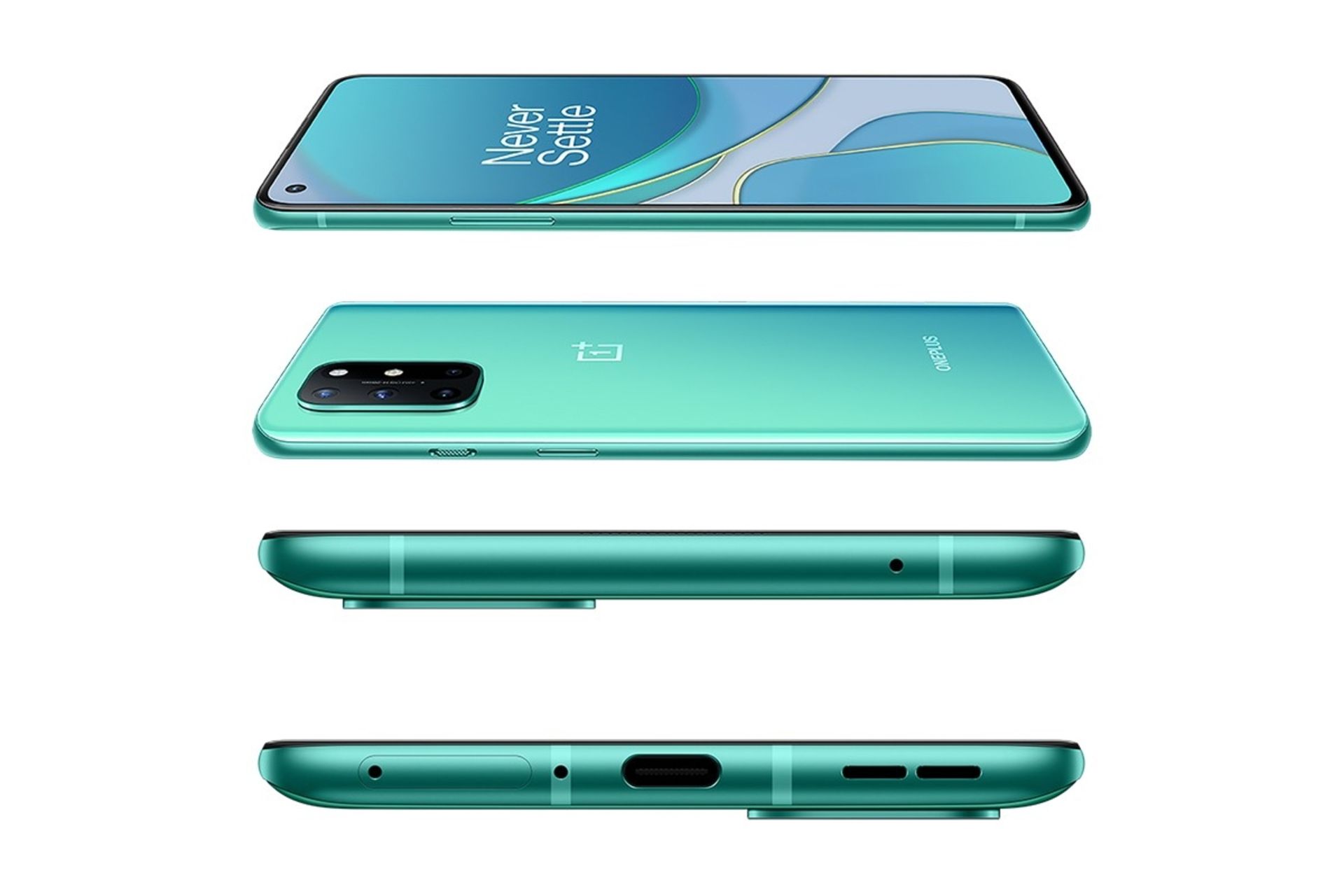 نمای کنار و بالا و پایین وان پلاس 8 تی / OnePlus 8T سبز