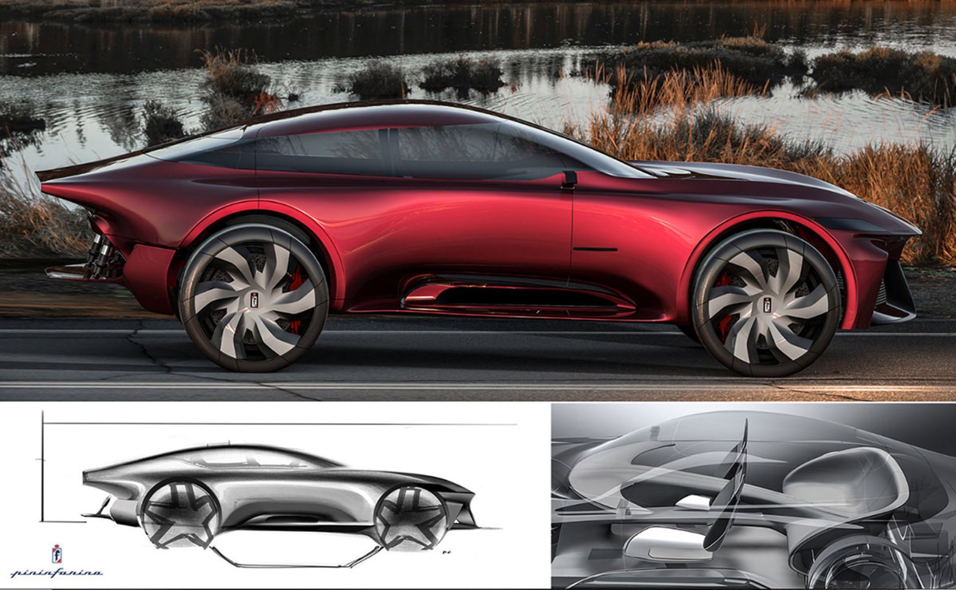 نمای جانبی کراس اور الکتریکی پینین فارینا / Pininfarina eSUV electric crossover قرمز رنگ