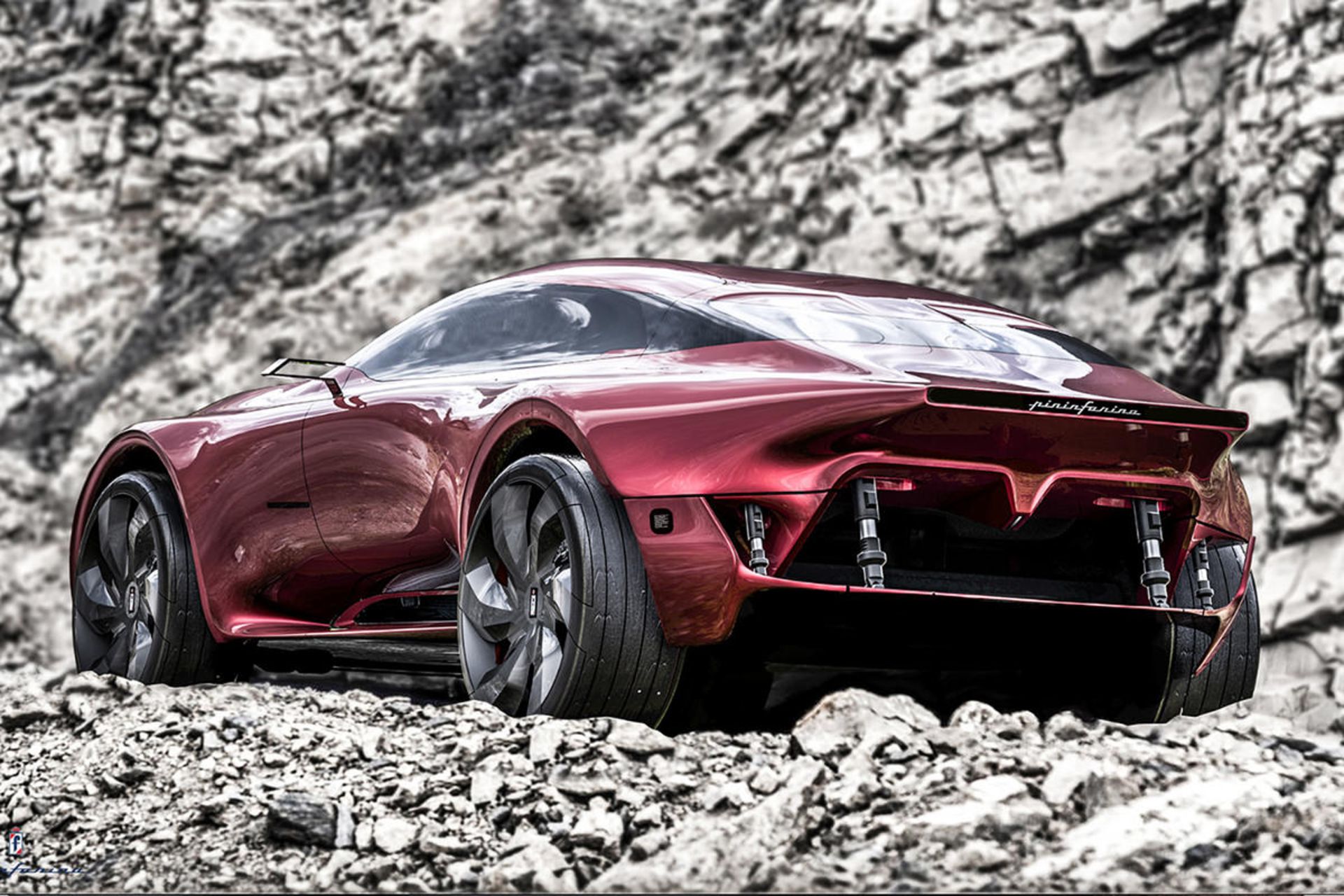 نمای عقب کراس اور الکتریکی پینین فارینا / Pininfarina eSUV electric crossover قرمز رنگ