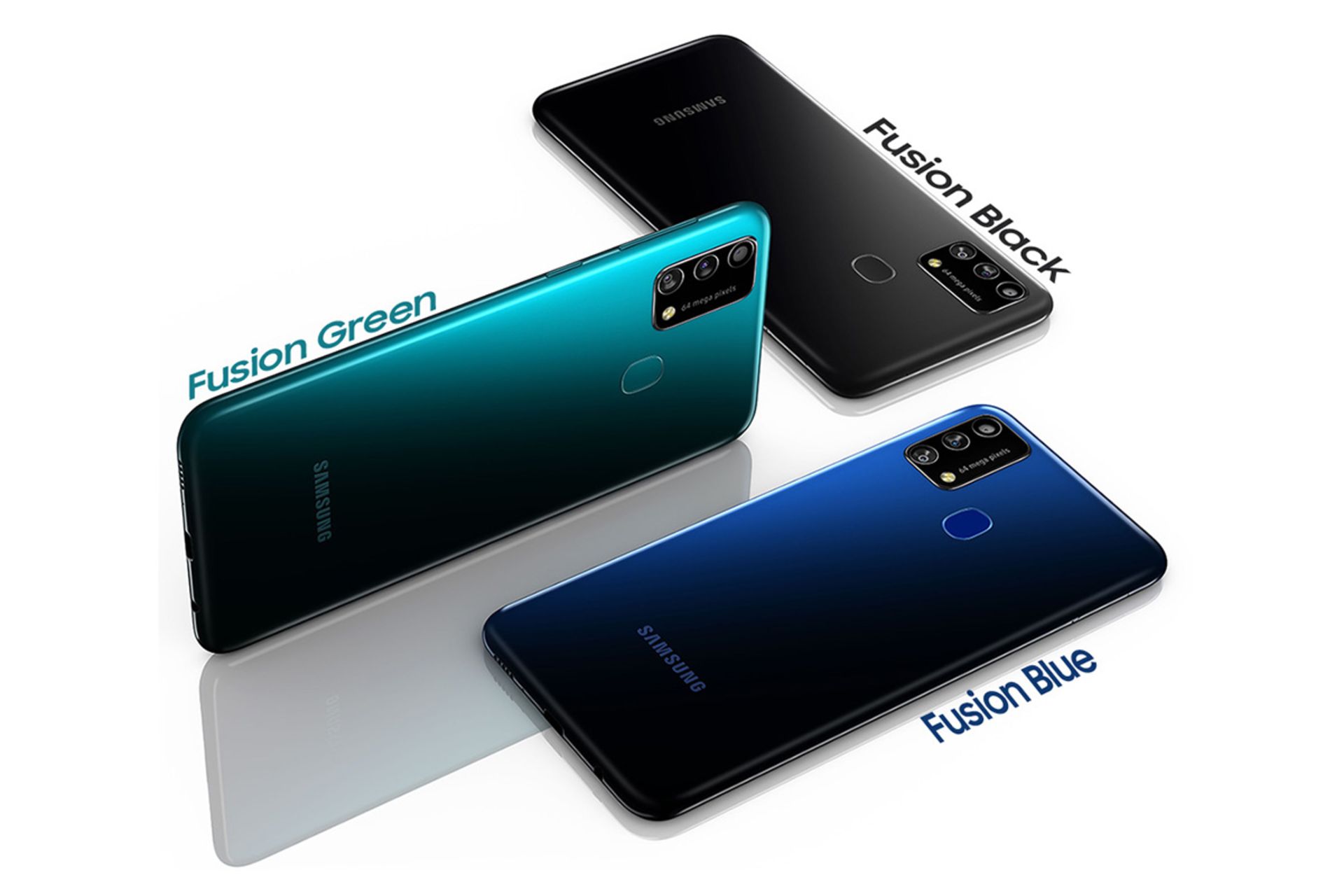 گوشی سامسونگ گلکسی اف 41 در سه رنگ سبز سورمه ای و مشکی در حالت قرار گرفته روی سطح