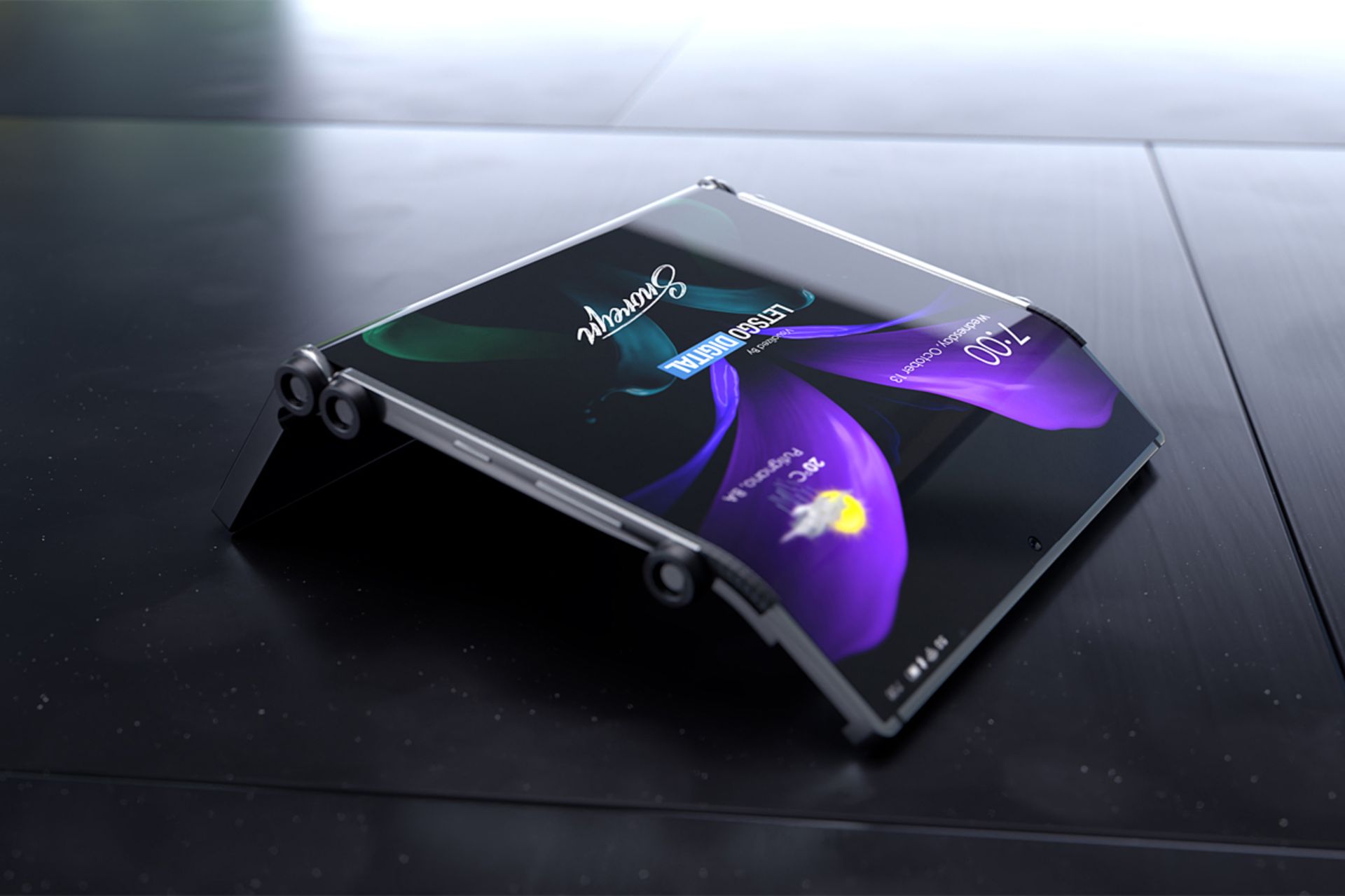 گوشی تاشدنی دوگانه سامسونگ / Samsung درحالت باز روی زمین