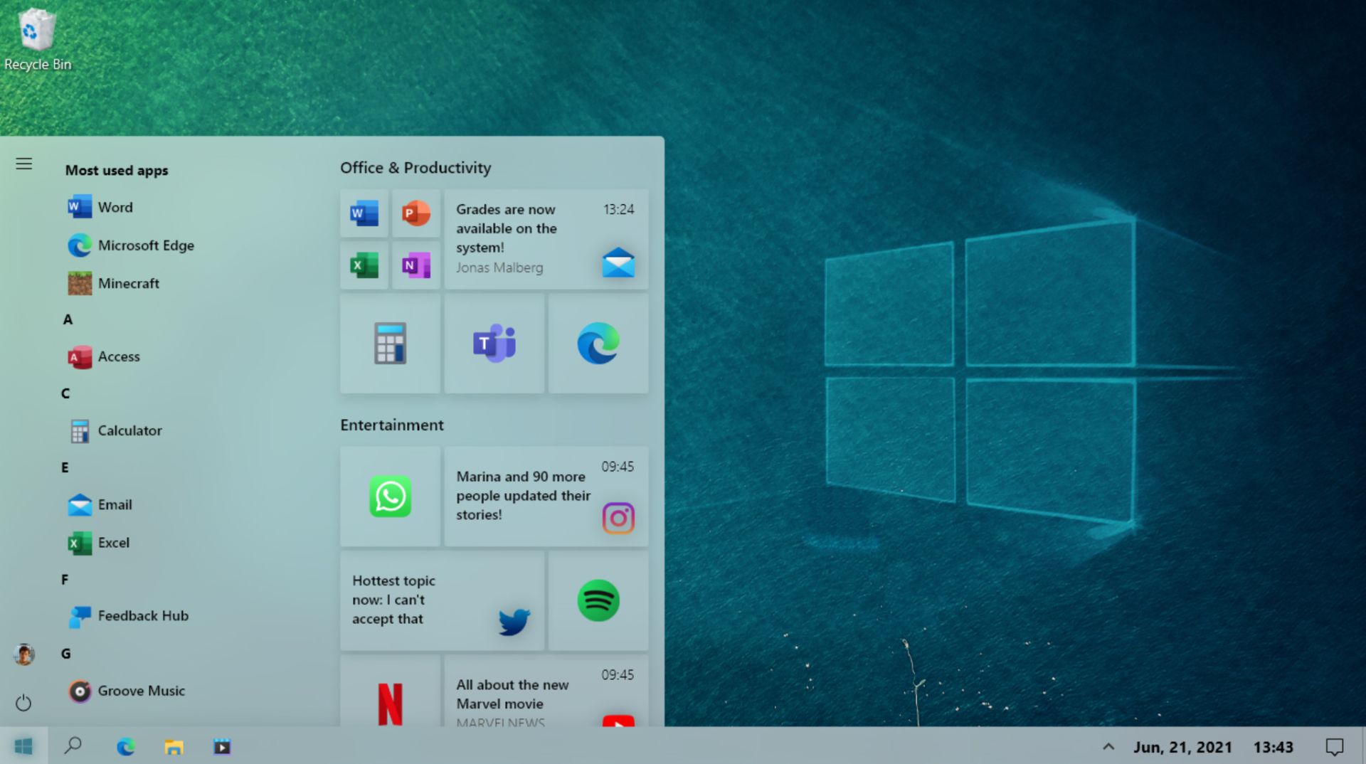 منوی استارت جدید طراحی مفهومی جدید ویندوز ۱۰ / Windows 10 تم روشن