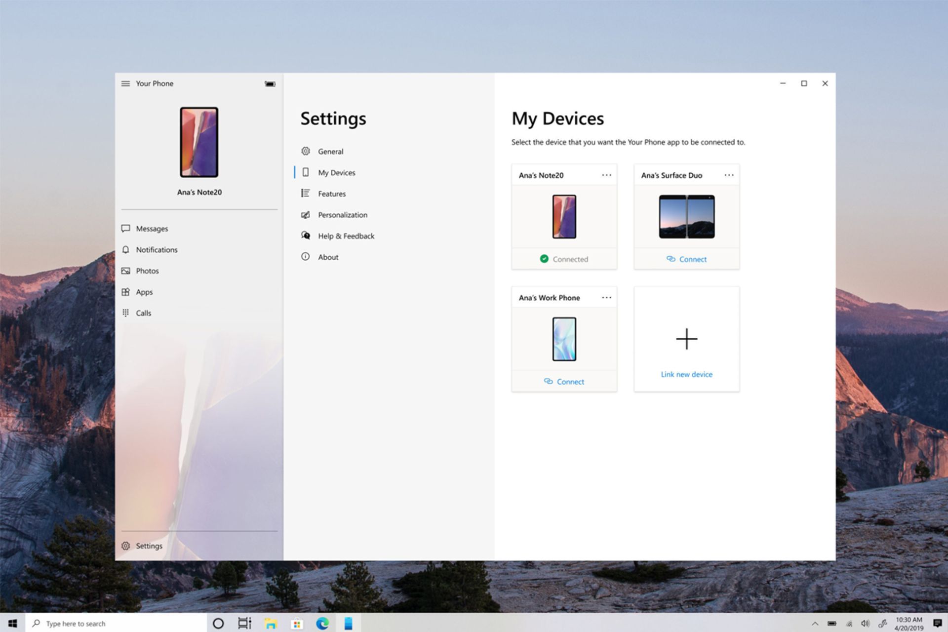 پنجره اپلیکیشن Your Phone در ویندوز ۱۰ / Windows 10 با آپدیت جدید