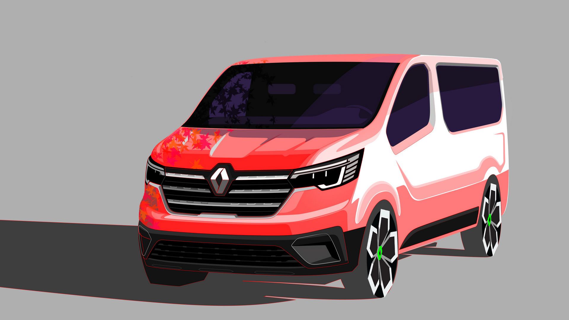 نمای سه چهارم جلو ون رنو ترافیک / renault trafic قرمز رنگ