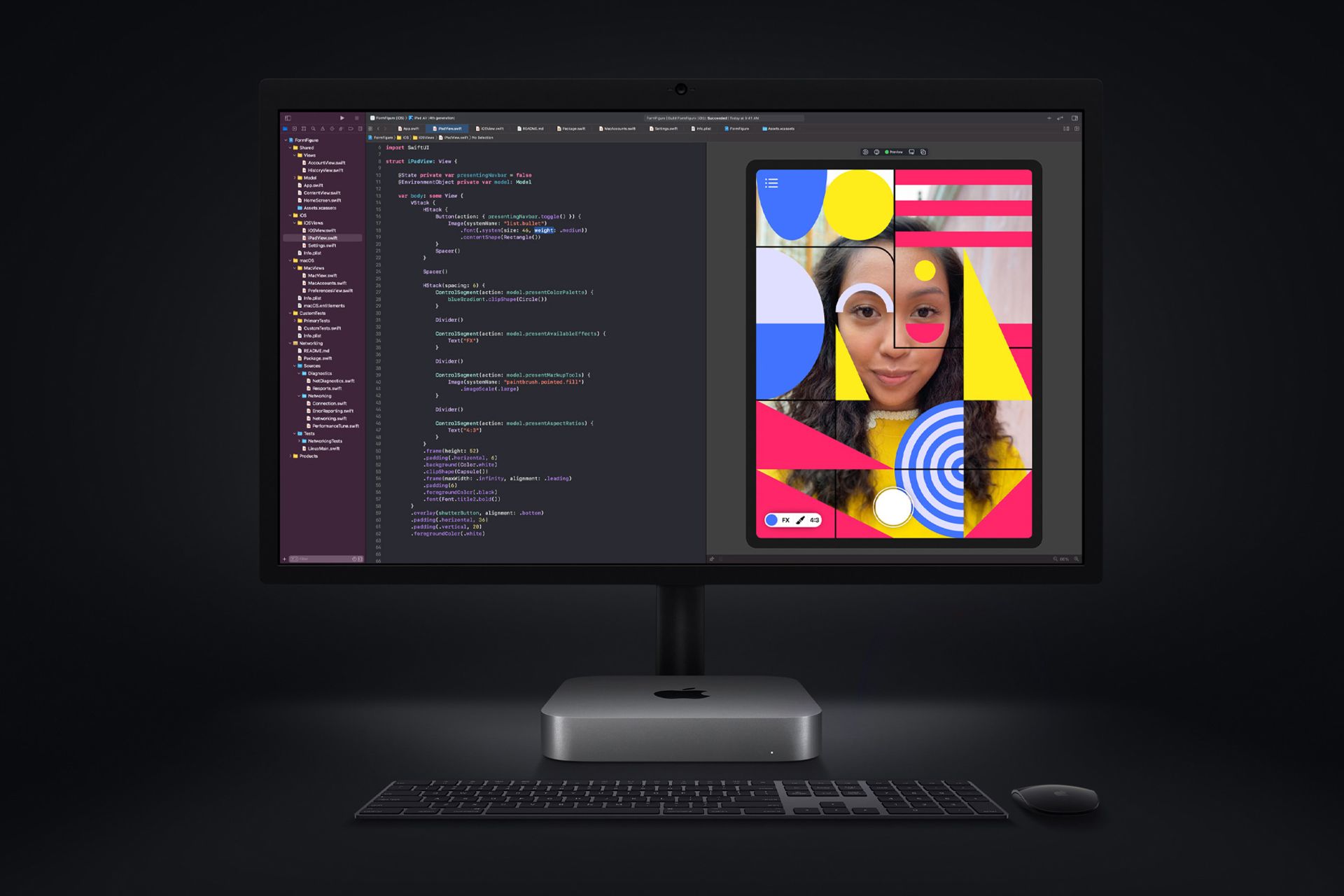 مک مینی 2020 آرم اپل / Apple Mac Mini M1 در زیر مانیتور درحال اجرای XCode