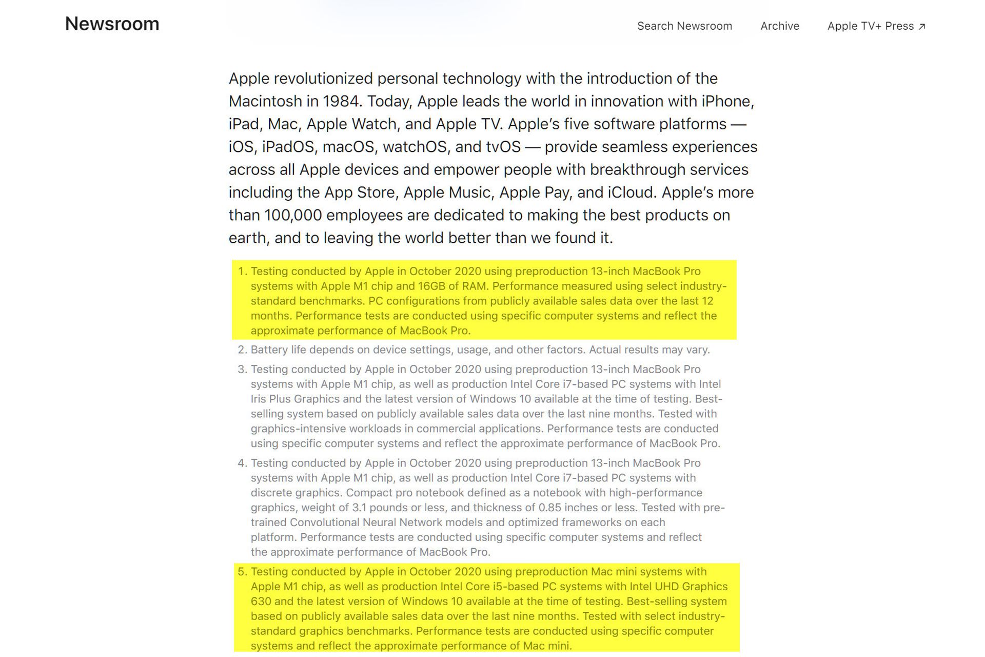 متن وب سایت اپل درباره قدرت عملکرد مک بوک ایر 2020 آرم M1