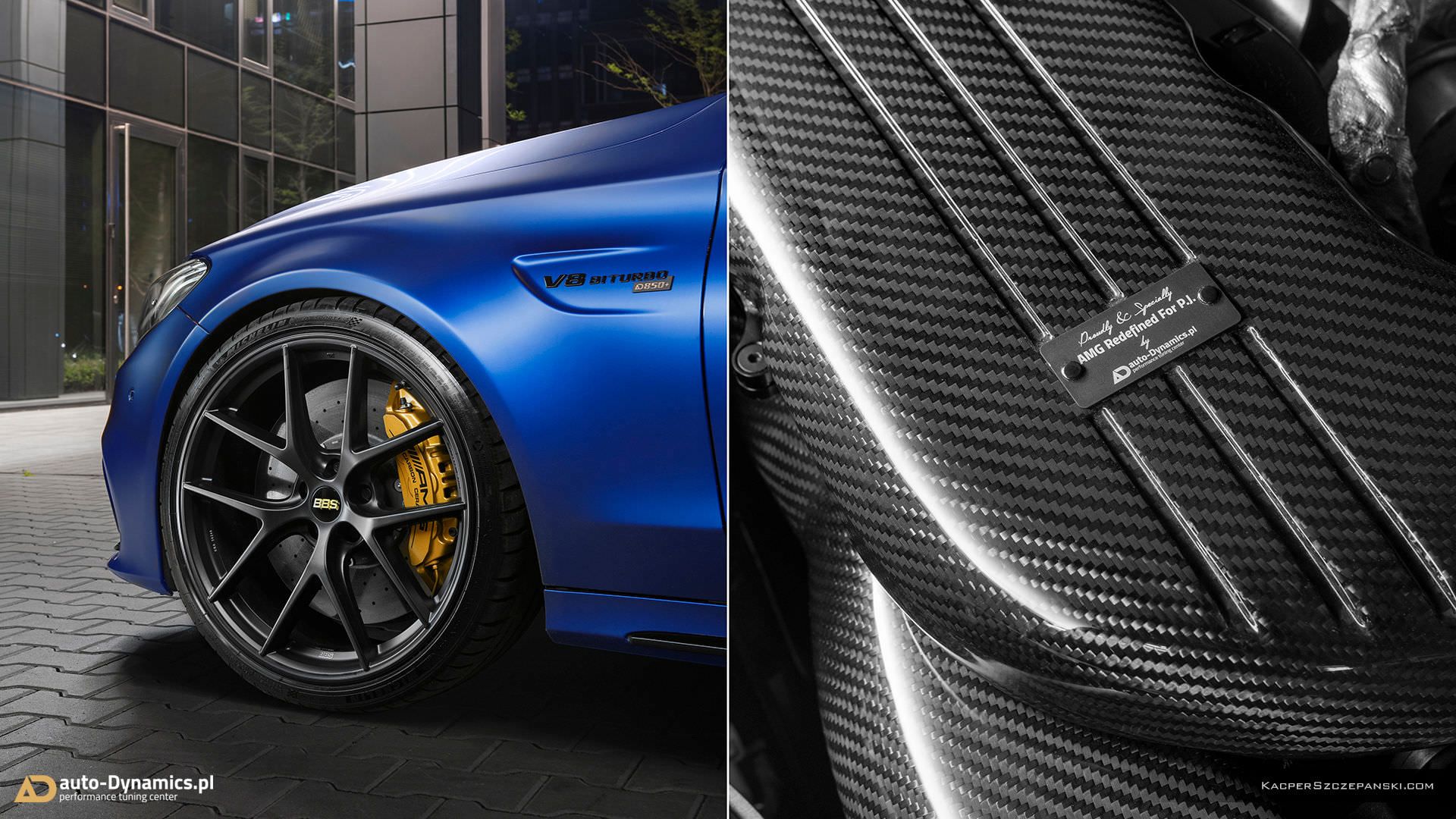 نمای جلوی سدان مرسدس بنز / Mercedes-AMG C63 S آبی رنگ با تیونینگ اتوداینامیکس