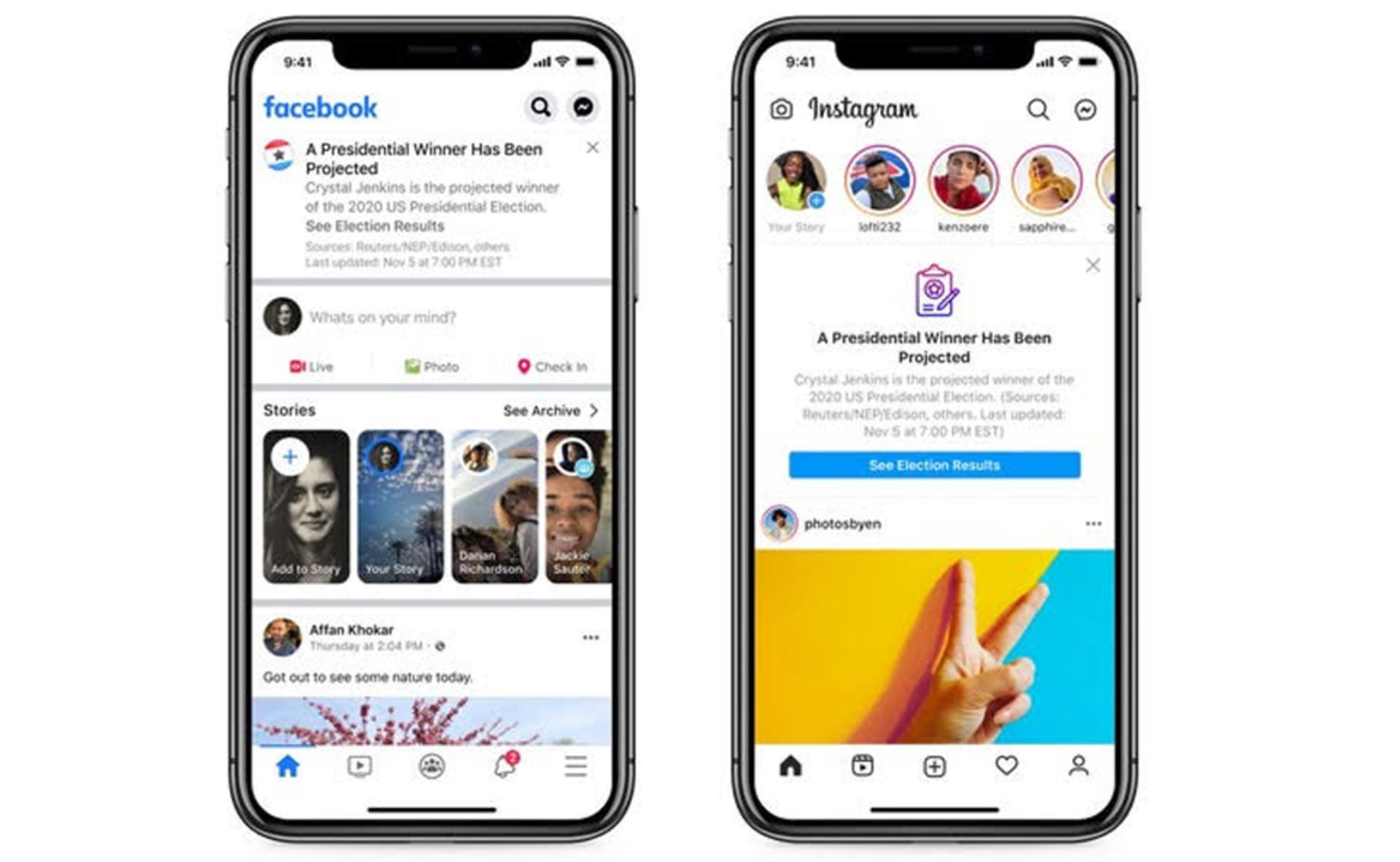 نوتیفیکیشن برنده انتخابات 2020 آمریکا در فیسبوک و اینستاگرام