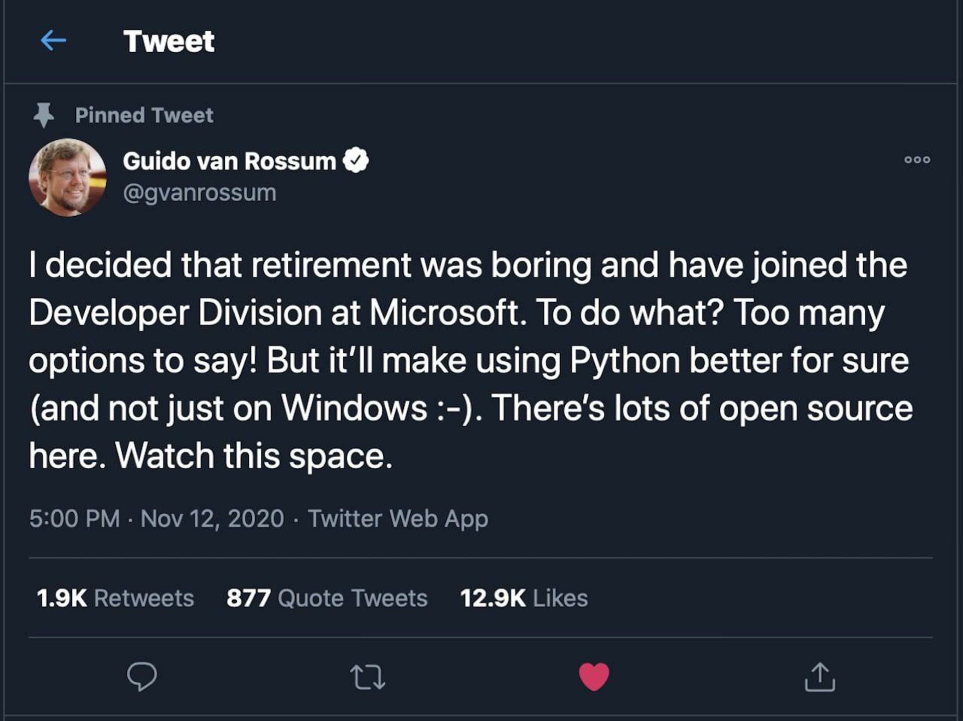 توییت گیدو فون روسوم، خالق پایتون درباره پیوستن به مایکروسافت